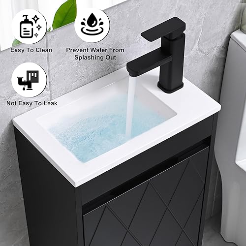 Vista 25 de Combo de lavabo de baño de 16 pulgadas para espacio pequeño, juego de gabinete de baño montado en la pared con lavabo de resina blanca, grifo negro