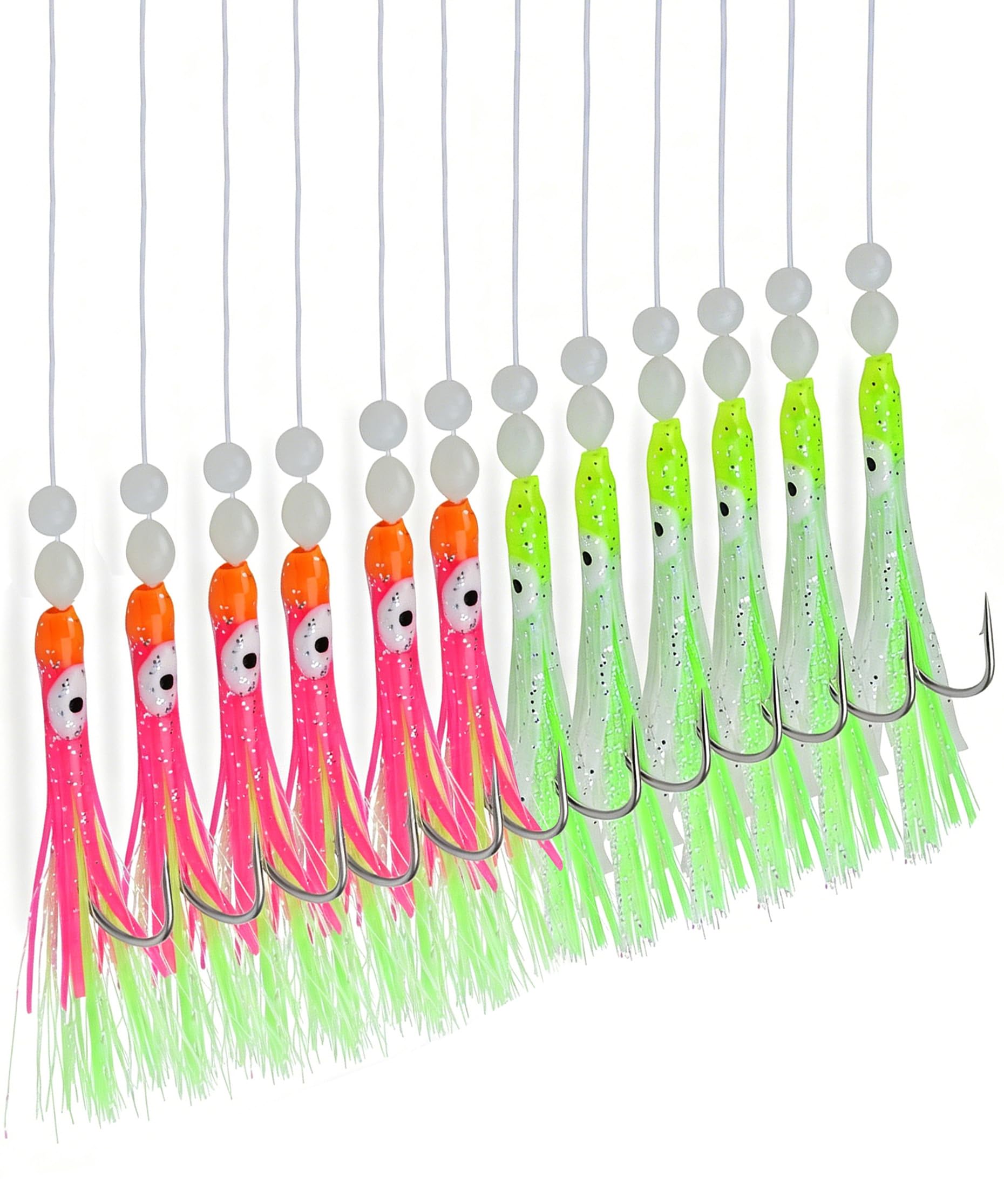 Leuchtende Tintenfisch-Angelköder – 12-teiliges vorgebundenes Angelköder-Set für Salzwasser, Surfen, Angelausrüstung – leuchtende weiche Tintenfischköder mit Haken aus Karbonstahl für Snapper