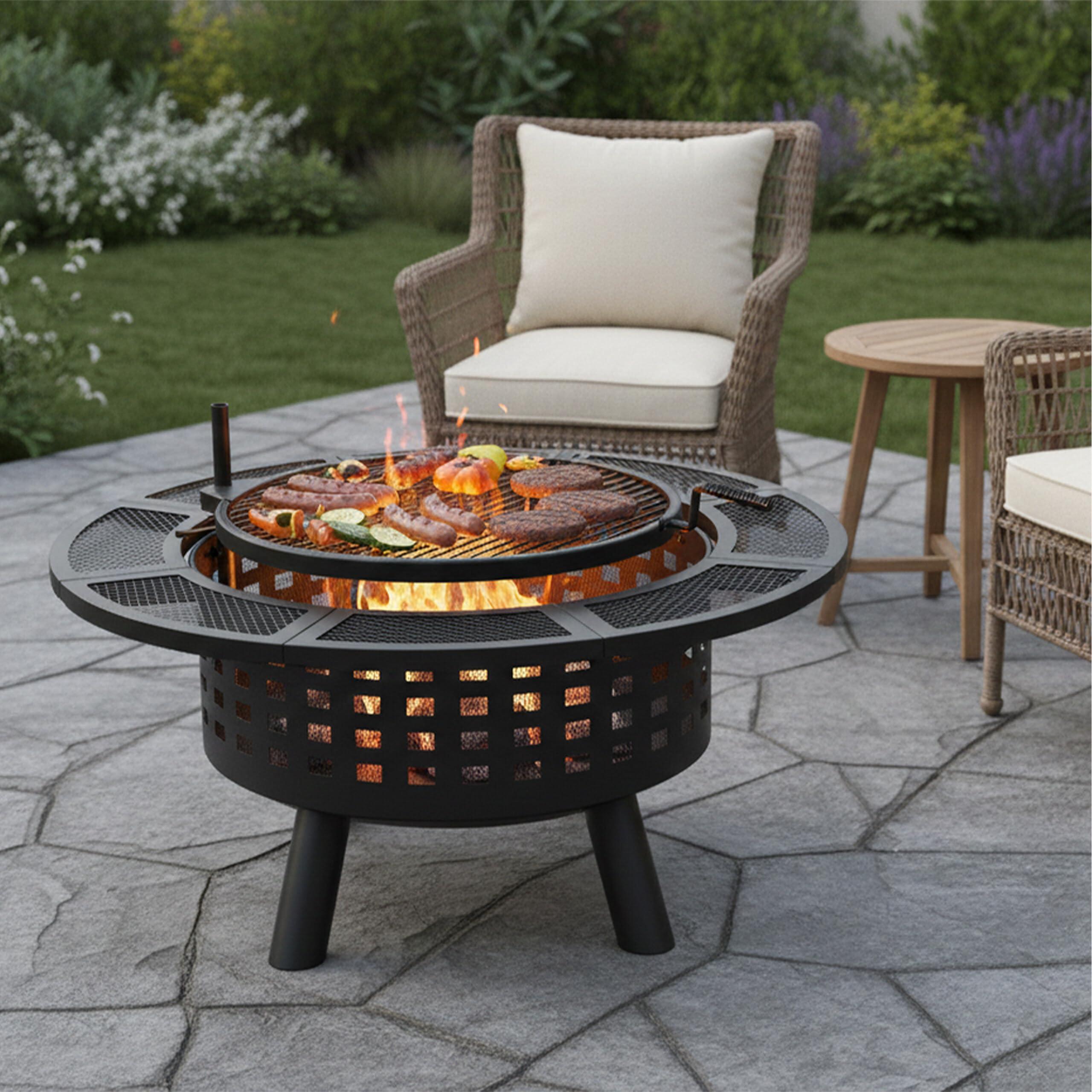 Relaxdays Braciere, Ø 91,5 cm, griglia 360° Regolabile, Coperchio, attizzatoio, da Giardino, Nero