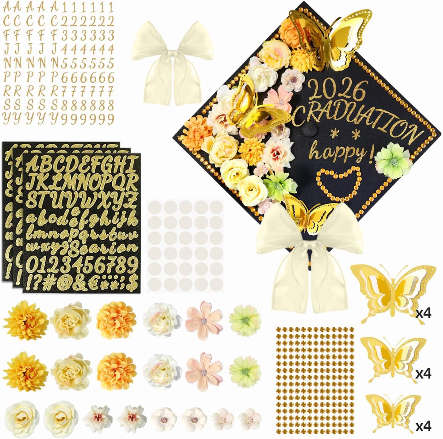 39Pcs Graduation Cap Decorations Kit Golden 3D Butterfly Stickers Yellow Artificial Flowers Yellow Satin Bow Glitter Rhinestones Alphabet Letter Number Stickers for 2026 Graduation Party Supplies