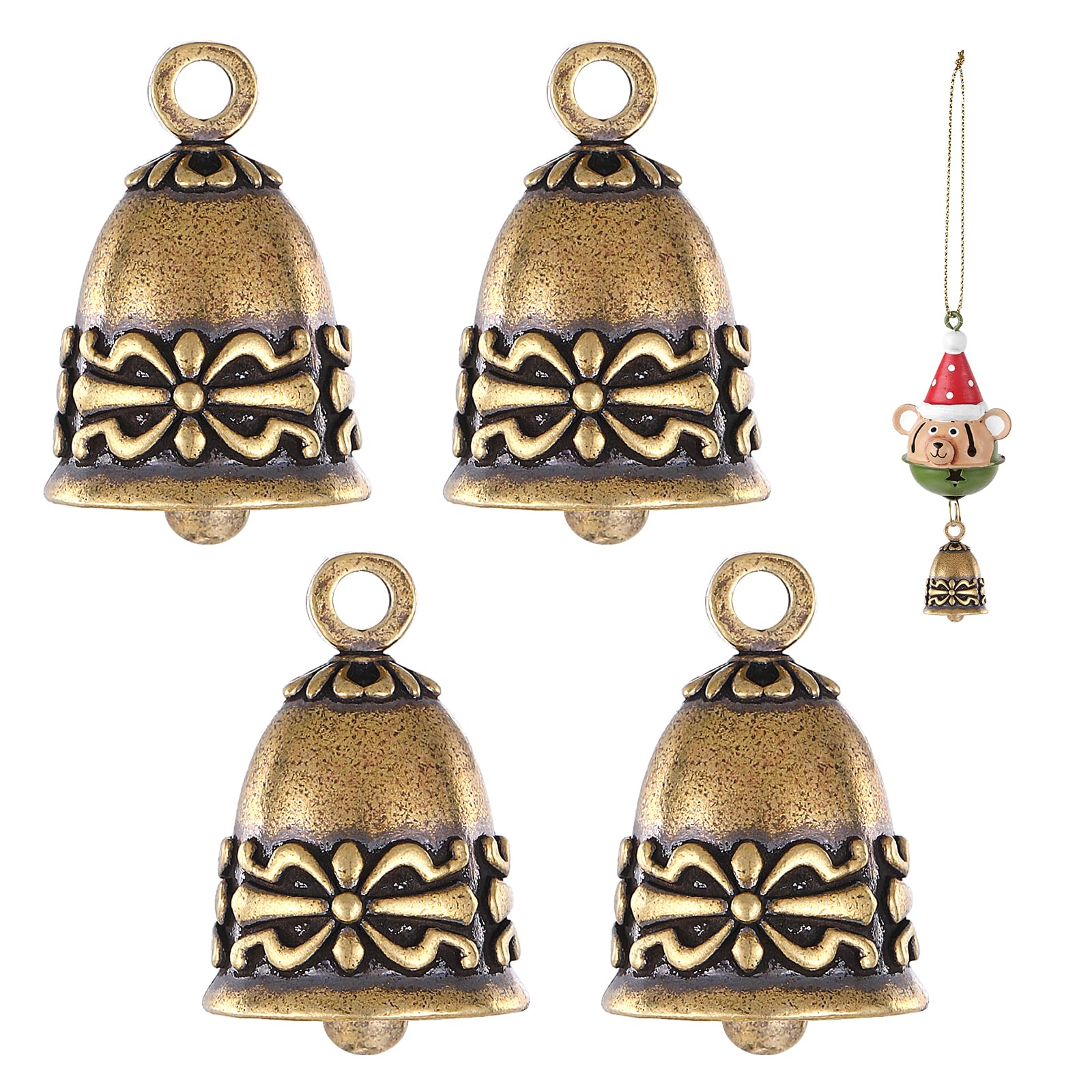 4 PCS Small Bells, Vintage Mini Brass Bells Vintage Brass Hanging Bell Crafts Ornaments Pendants Bell for Christmas Home Decor Door Chime Wedding Chimes