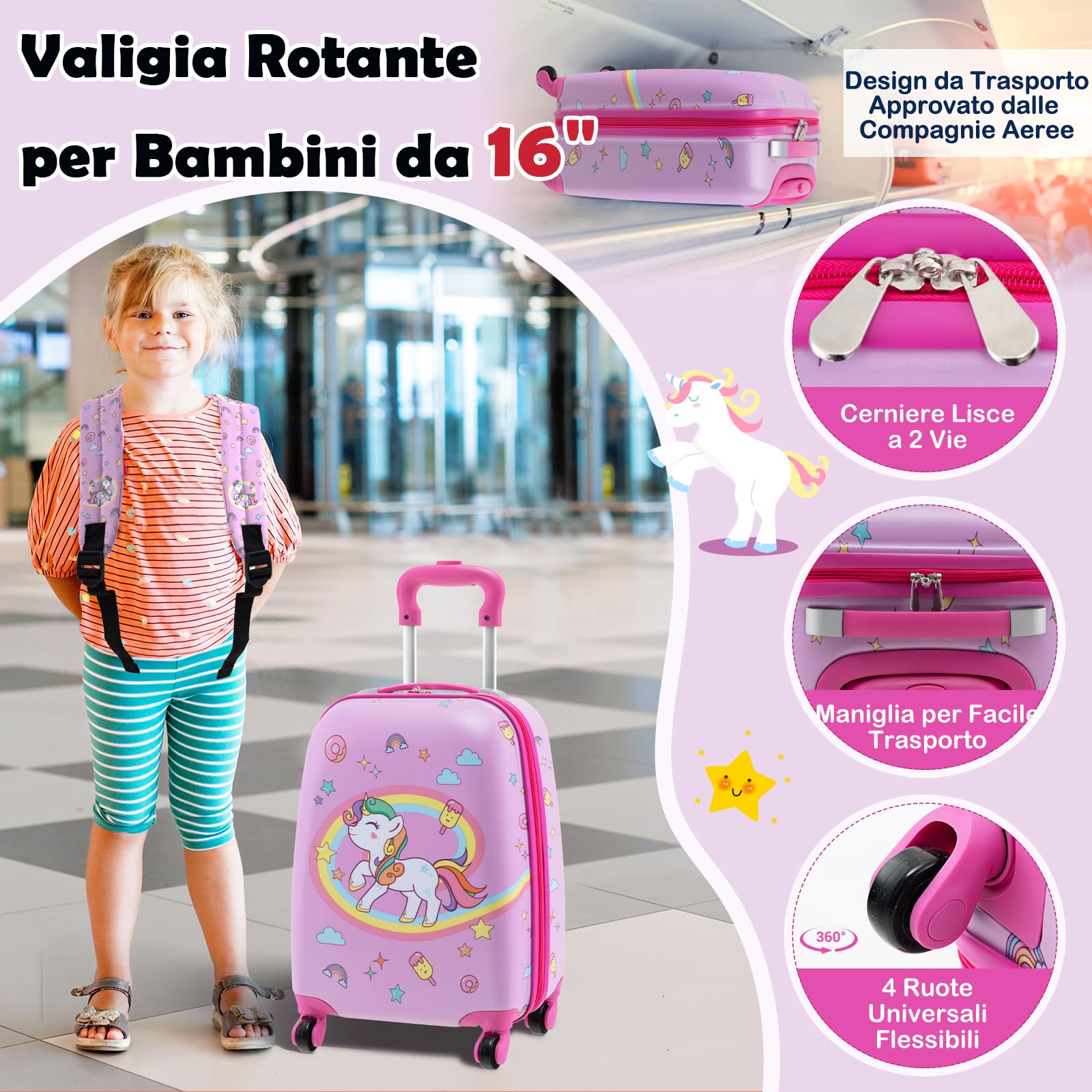 RELAX4LIFE Set di Valigietta per Bambini da 5 Pezzi con Valigia da 38 cm a Mano, Zaino da 33 cm, Cuscino per il Collo, Borsa Pranzo Isolata, Etichetta, Valigia con Ruote Rigide (ROSA)