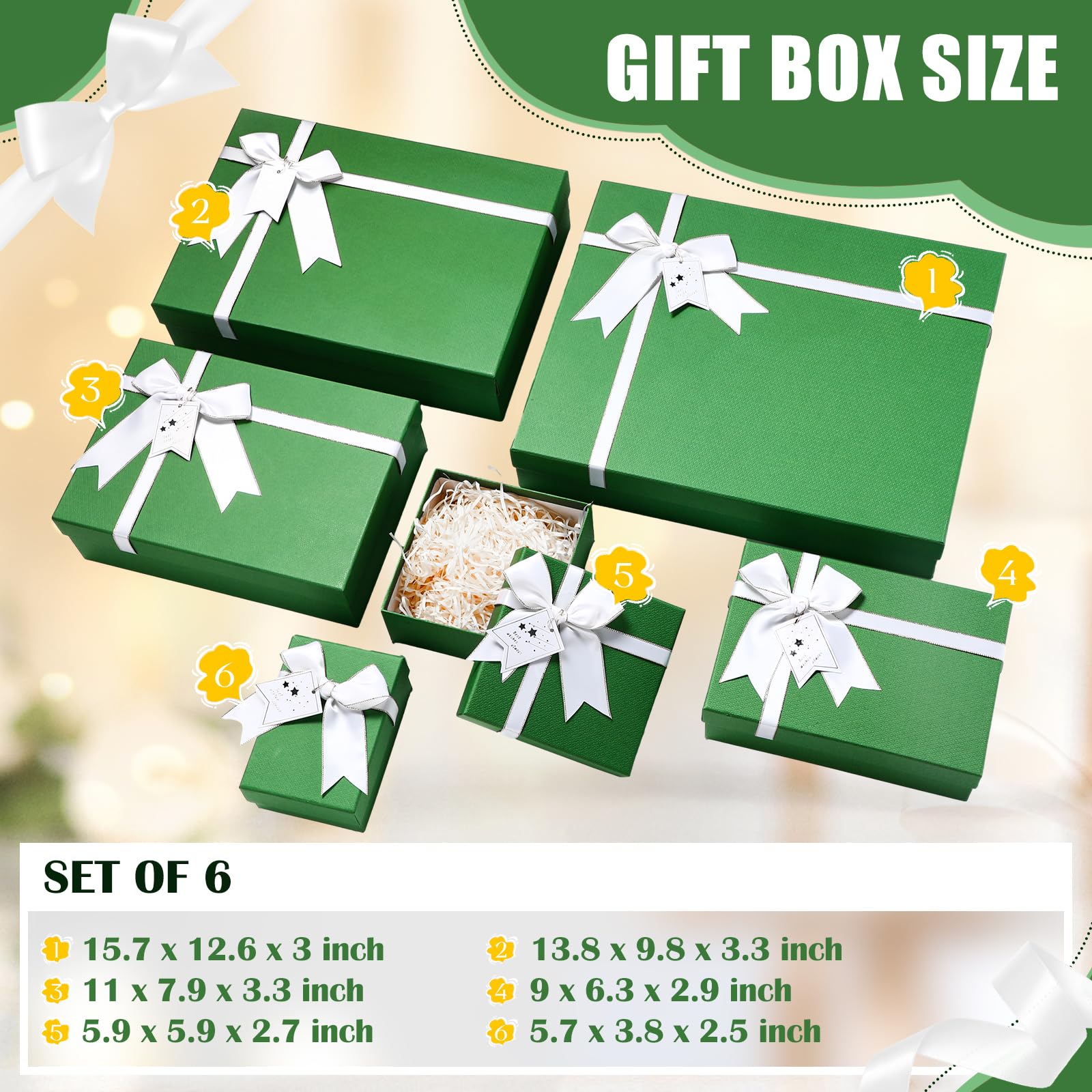 Jetec Geschenkboxen mit Deckel für Geschenke, 6 verschiedene Größen, mit Schleife, Etikett für Hochzeiten, Geburtstage, Brautparty, Jahrestag, Party, Grün, 6 Stück