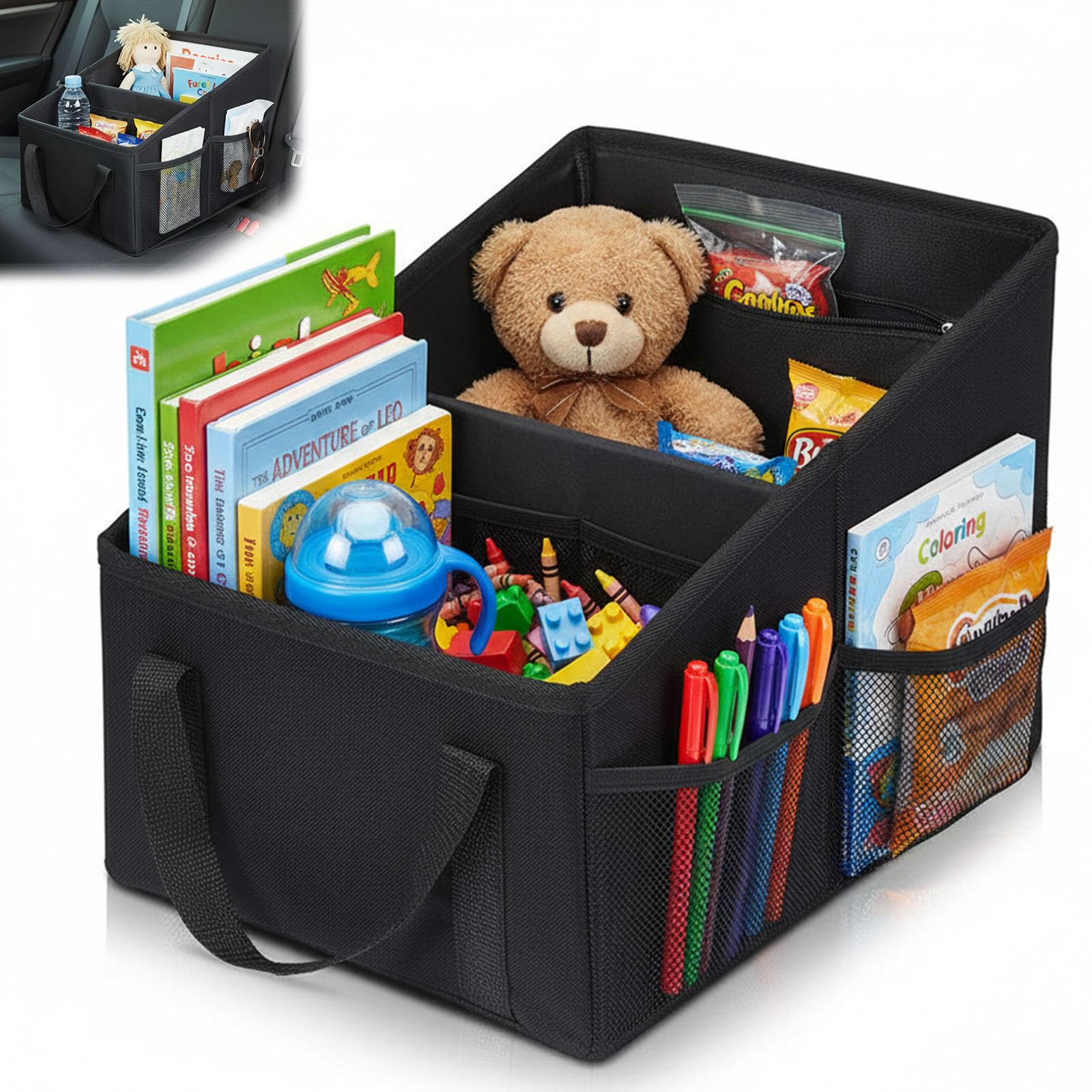 Organizer Auto, Pieghevole Organizzatore Sedili Auto Organizer Auto con Frazioni Regolabile e Maniglie Doppie Organizer Bagagliaio Auti Organizer Auti per Sedile Anteriore/Posteriore/Pavimento