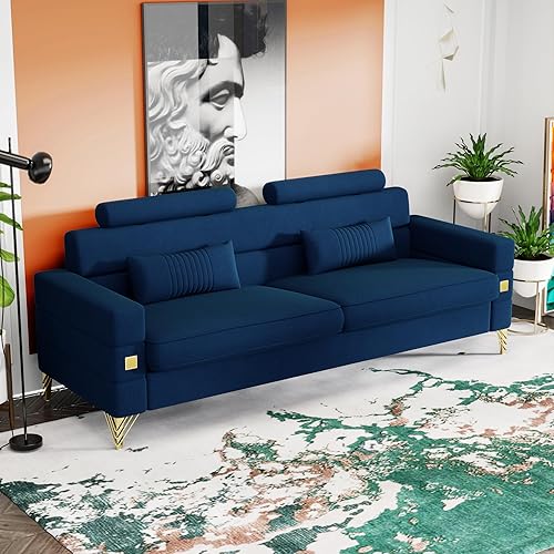 Miniatura 6 de Sofá de tres asientos de terciopelo de 85 "de terciopelo con diseño moderno, pies de hierro chapados en oro de 5.9 in (15 azul)