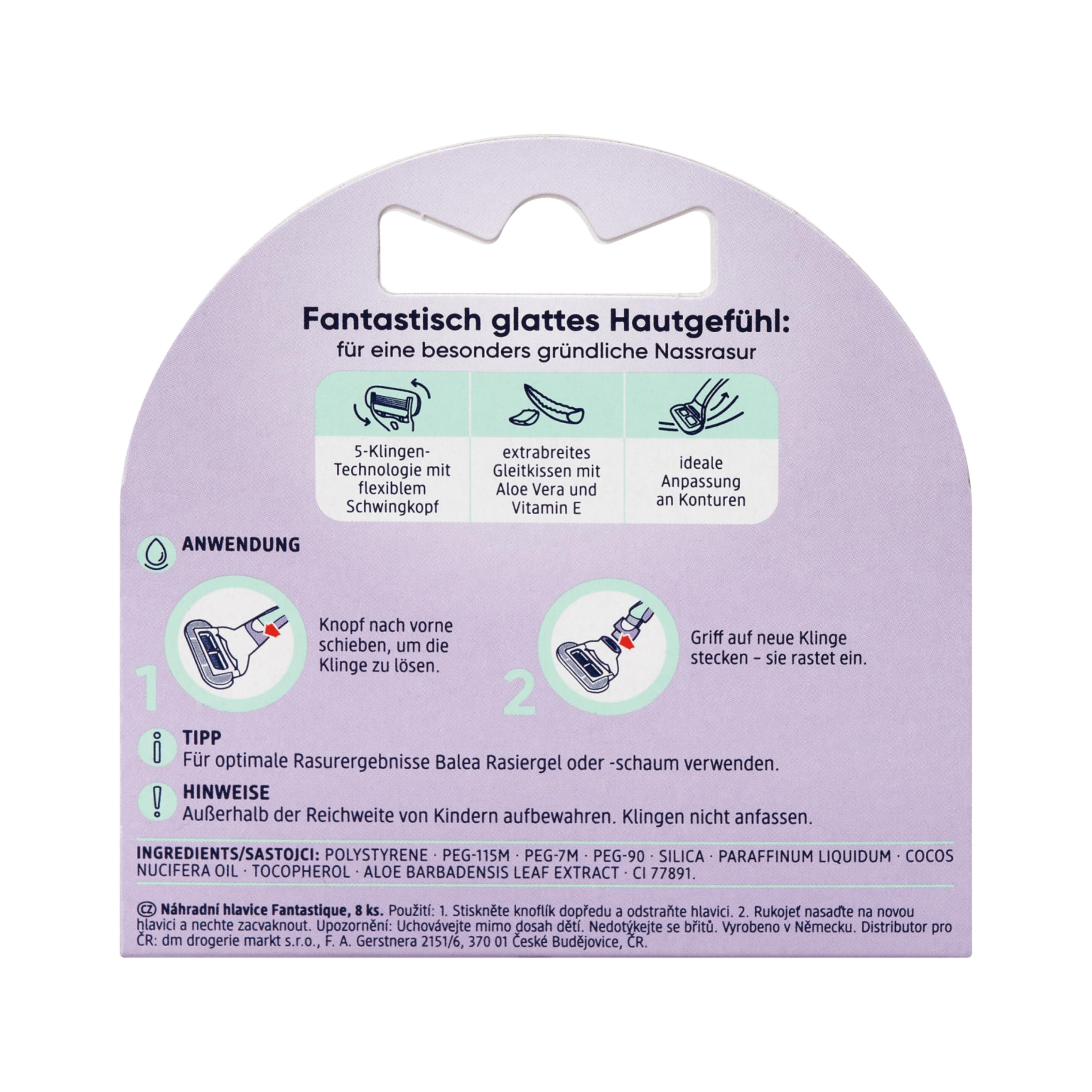 Balea Fantastique Ersatzklingen 8 Stück – Kompatibel mit allen Fantastique Rasierern – 5-Klingen-Technologie mit AloeVera & Vitamin E – Sanfte Rasur für Damen