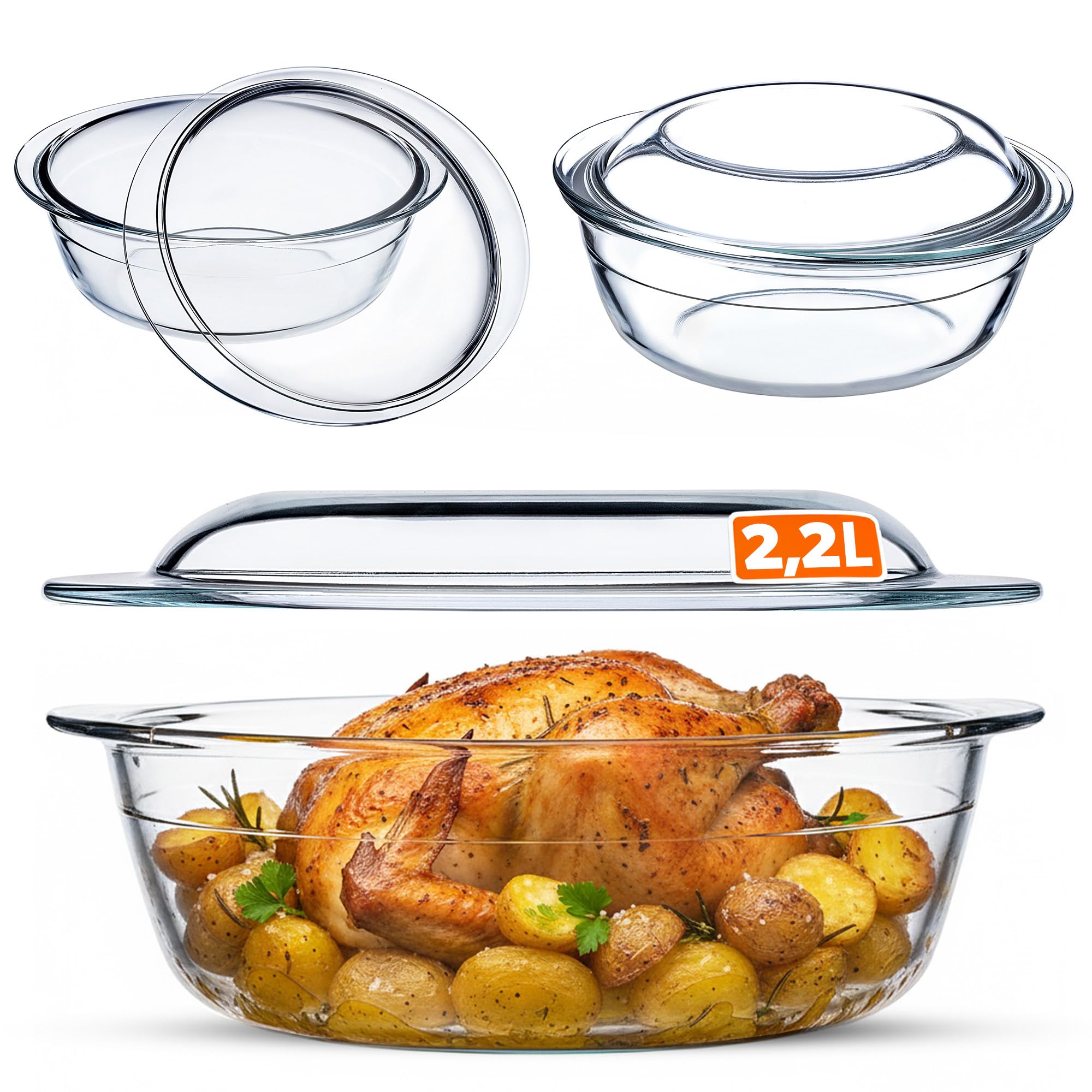 KADAX Auflaufform mit Deckel 2,2L – runde hitzebeständige Glasform, spülmaschinenfest & langlebig – perfekt für Aufläufe & Gratins
