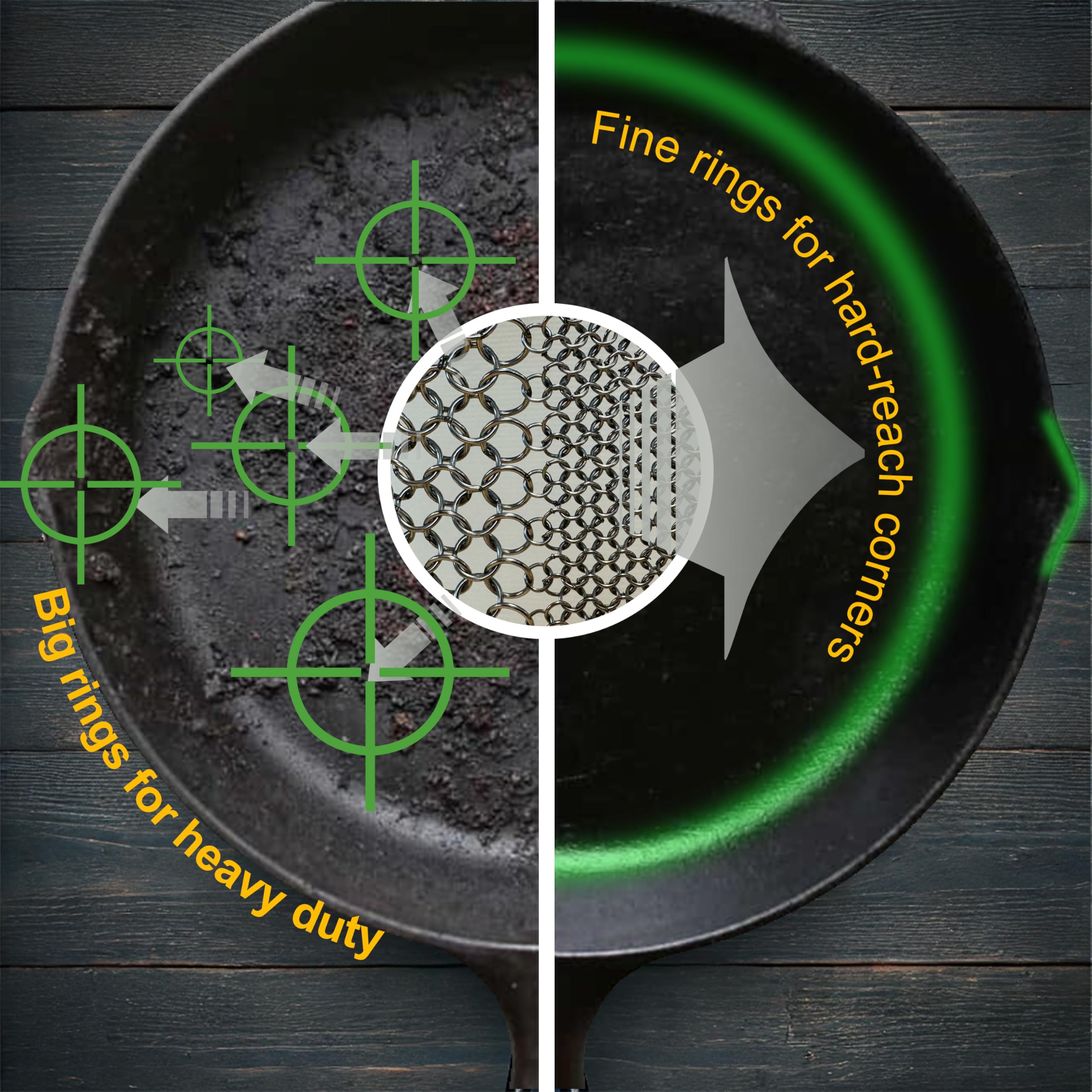 Scrubber in ghisa con anelli sottili saldati per tazze, padelle e ghisa (18 cm, 2 in 1)