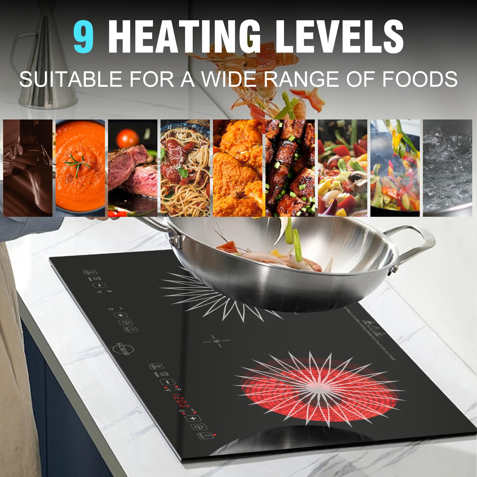 Double Ceramic Hob, 3200W Plug in Electric Hob 60cm Built-in Cooktops with 2 Burners, 9 Power Levels, Timer, Safety Lock & Sensor Touch Control, 220-240V — view 3