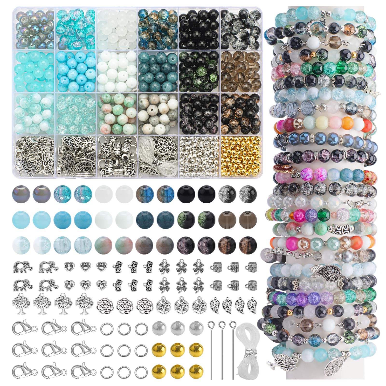 KINGSHINE 8mm 18 Colors Glass Beads for Jewelry Making, 810pcs Charm Bracelet Making Kit - Crystal/Crackle/Stone/Gold & Silver Pendant Spacer Beads