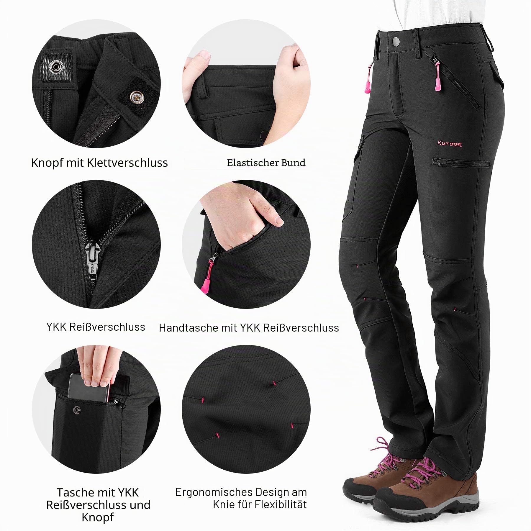 KUTOOK Wanderhose Damen Winter Gefüttert Warm Wasserabweisend Winddicht Outdoorhose 6 Taschen YKK Reißverschluss Softshellhose Trekkinghose Schwarz HP312