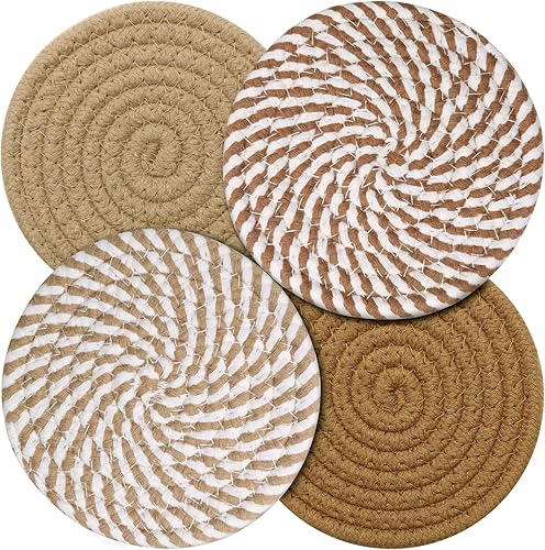 Miniatura 12 de Juego de 4 posavasos de gran tamaño, 4 unidades, posavasos grandes de algodón tejido, bohemio, neutro, absorbente, hecho a mano, decoración de mesa