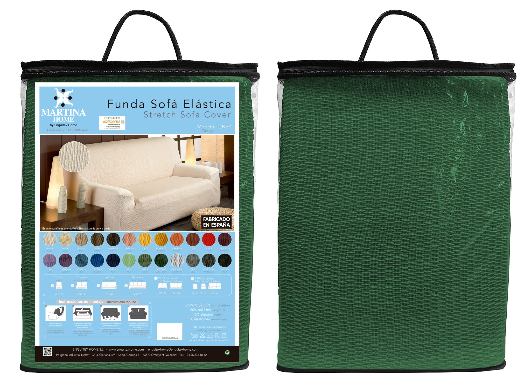 Martina Home Tunez, elastischer Sofabezug 2 Plätze 2 Plazas (120-190 cm) Flaschengrün (Verde Botella)
