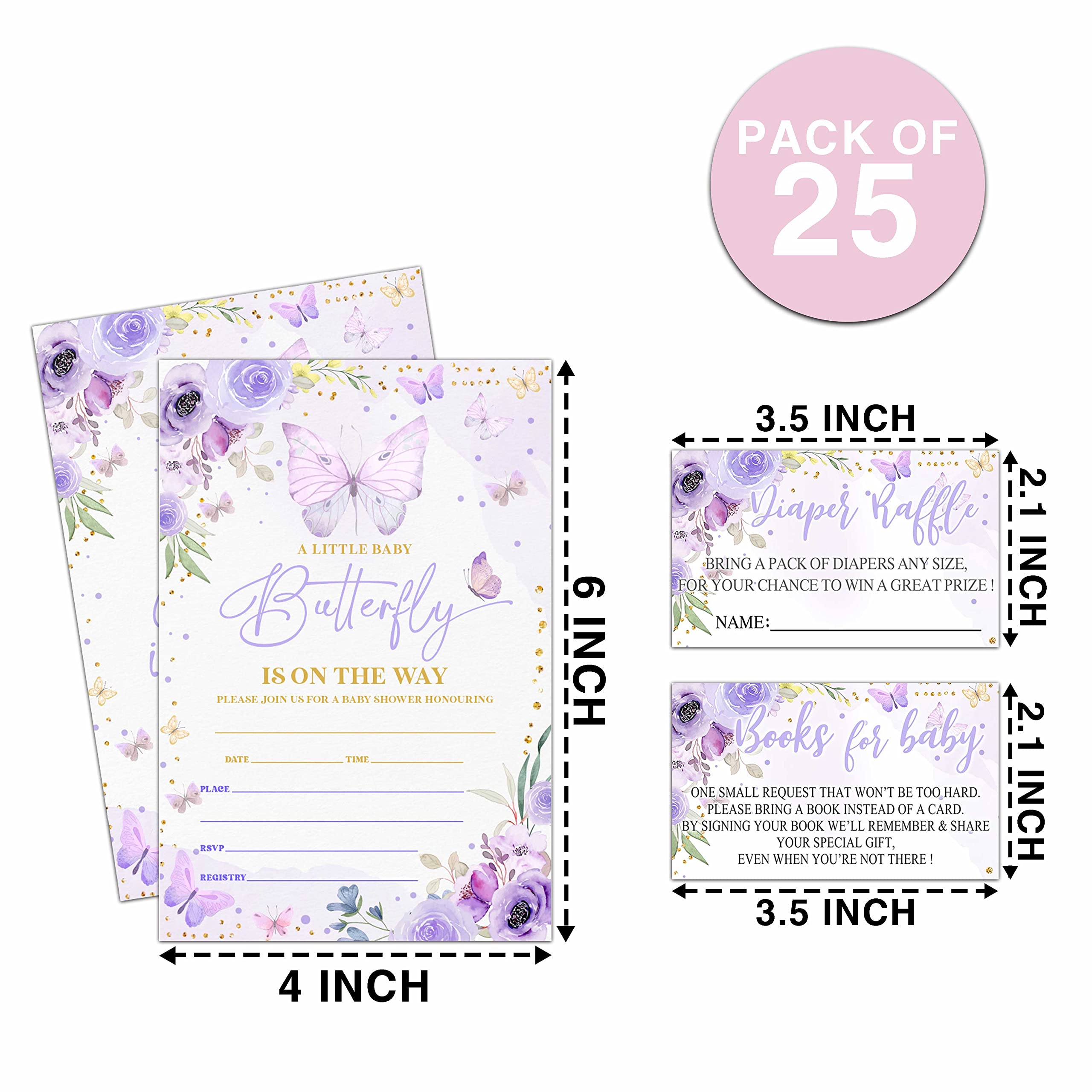 Zestaw 25 zaproszeń na baby shower, fioletowy motyl zaproszenia na przyjęcie z kopertami, kartki z prośbą o książkę, bilety na pieluchy na dekoracje imprezowe - A02