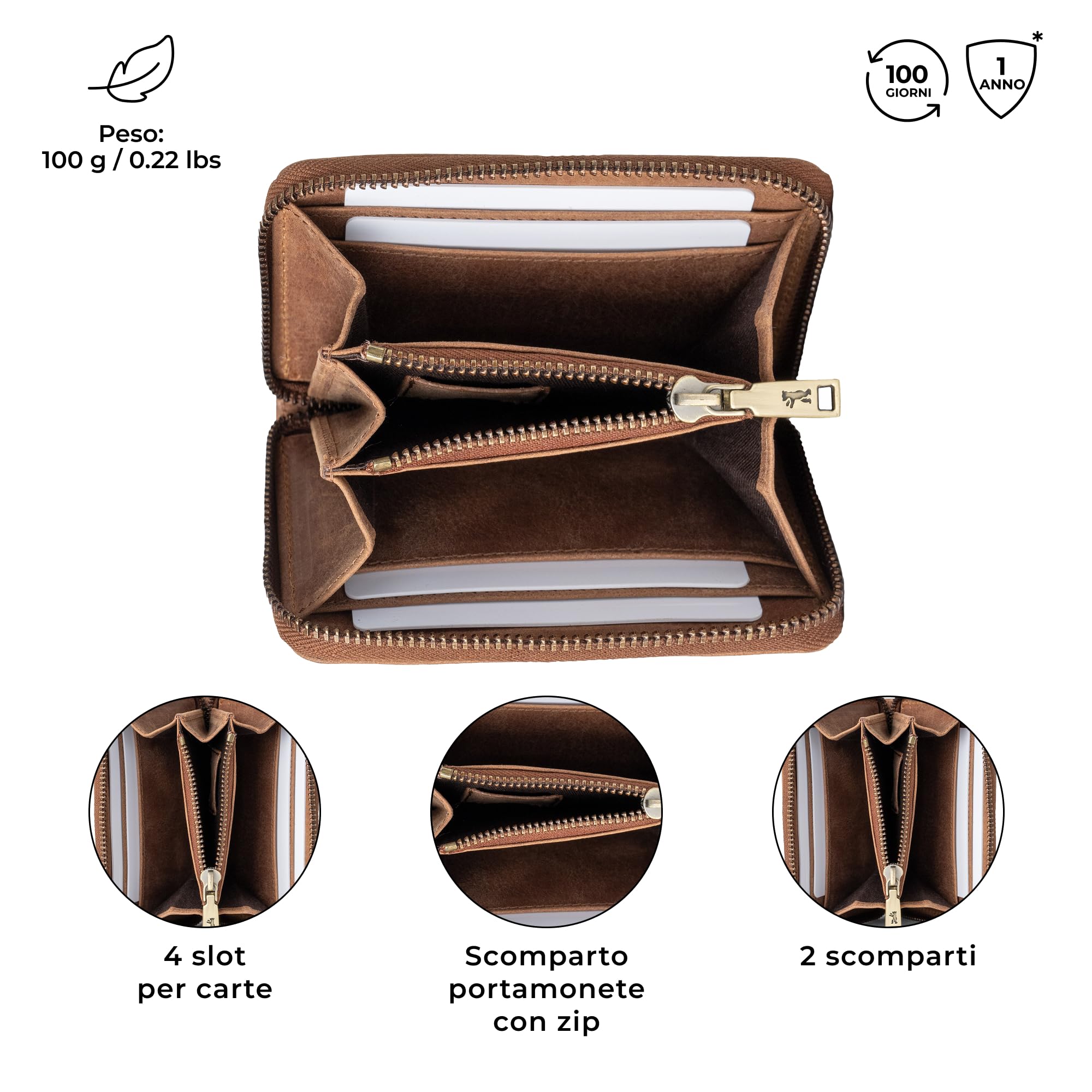 Berliner Bags Portamonete Elsa in Vera Pelle, Portafoglio Donna Compatto con Protezione RFID e Cerniera in Metallo, Scatola Regalo Inclusa – Marrone