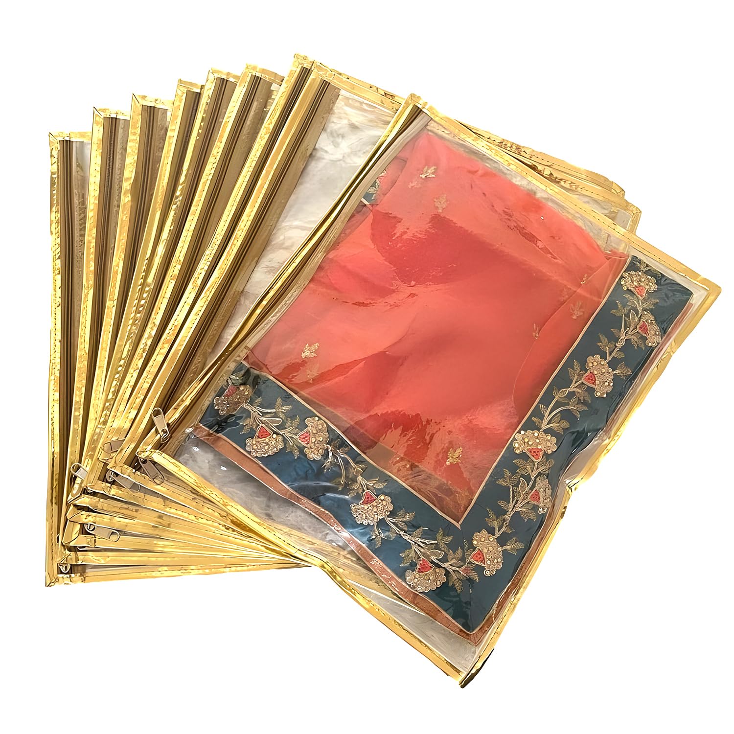 LAXIS® Non-Woven Single Saree Bags Golden Colour, Transparent Saree Covers With Zip, Saree Covers For Storage, Wardrobe Organiser, Size-36x42x2CM (Pack of 10)