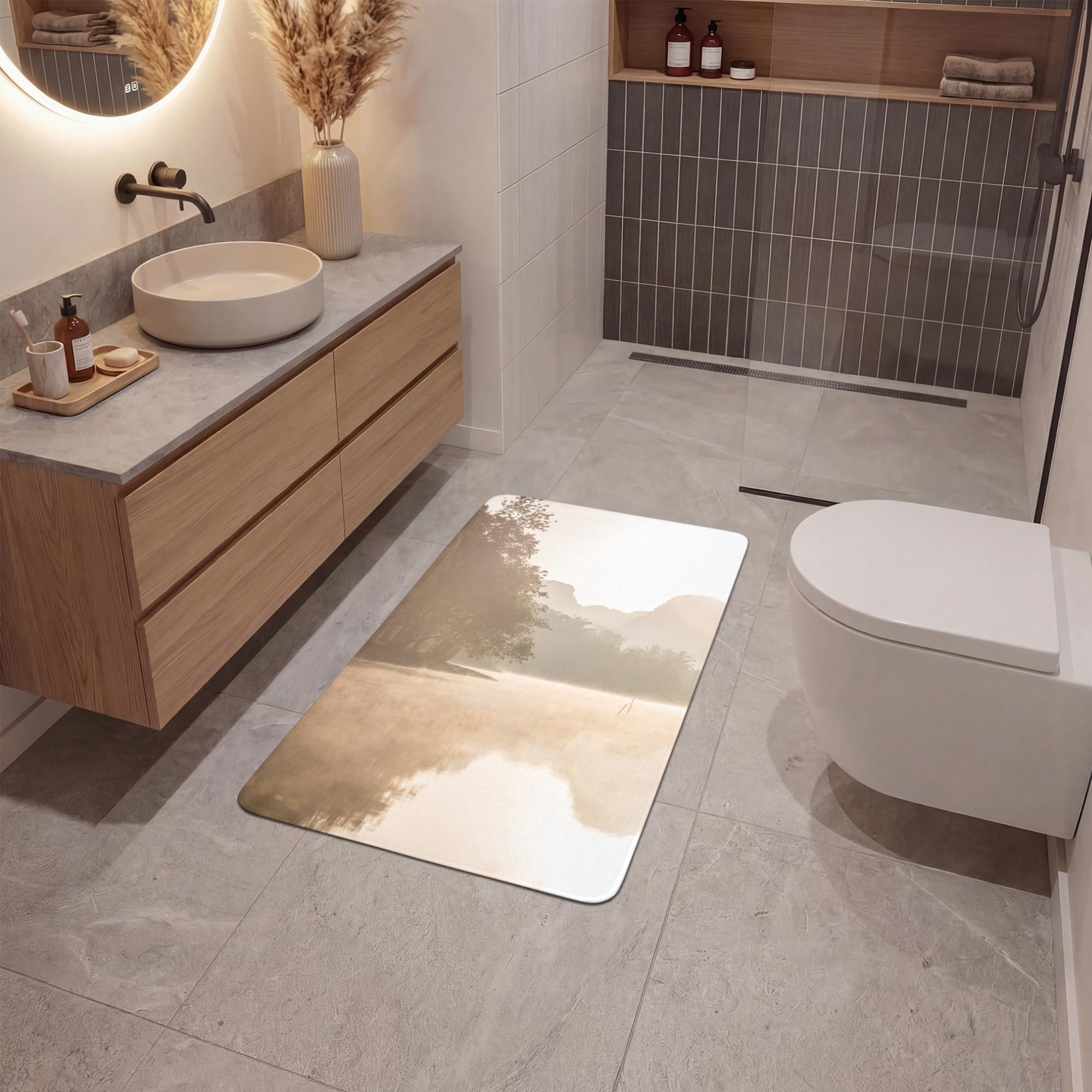 Bath Mat Rectangular 60x90 cm Alfombra Baño Alfombrilla Alfombras Ducha Lavable Antideslizante Tapete Banheiro Decoración Paisaje - Bosque - Agua - Niebla - Beige