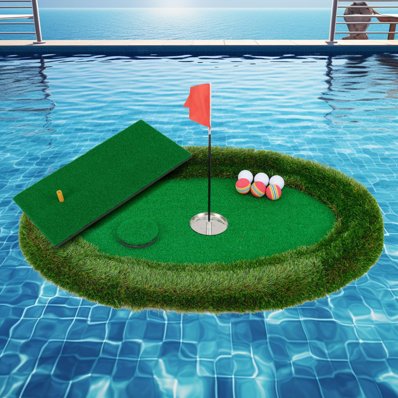 ULTIMATE Floating Golf Green for Pool, Floating Chipping Green Mat w/Hitting Mat, Golf Balls, Flag and Tee for Golf Practice, Golf Putting Mat for Golf Game (Oval, 37.5