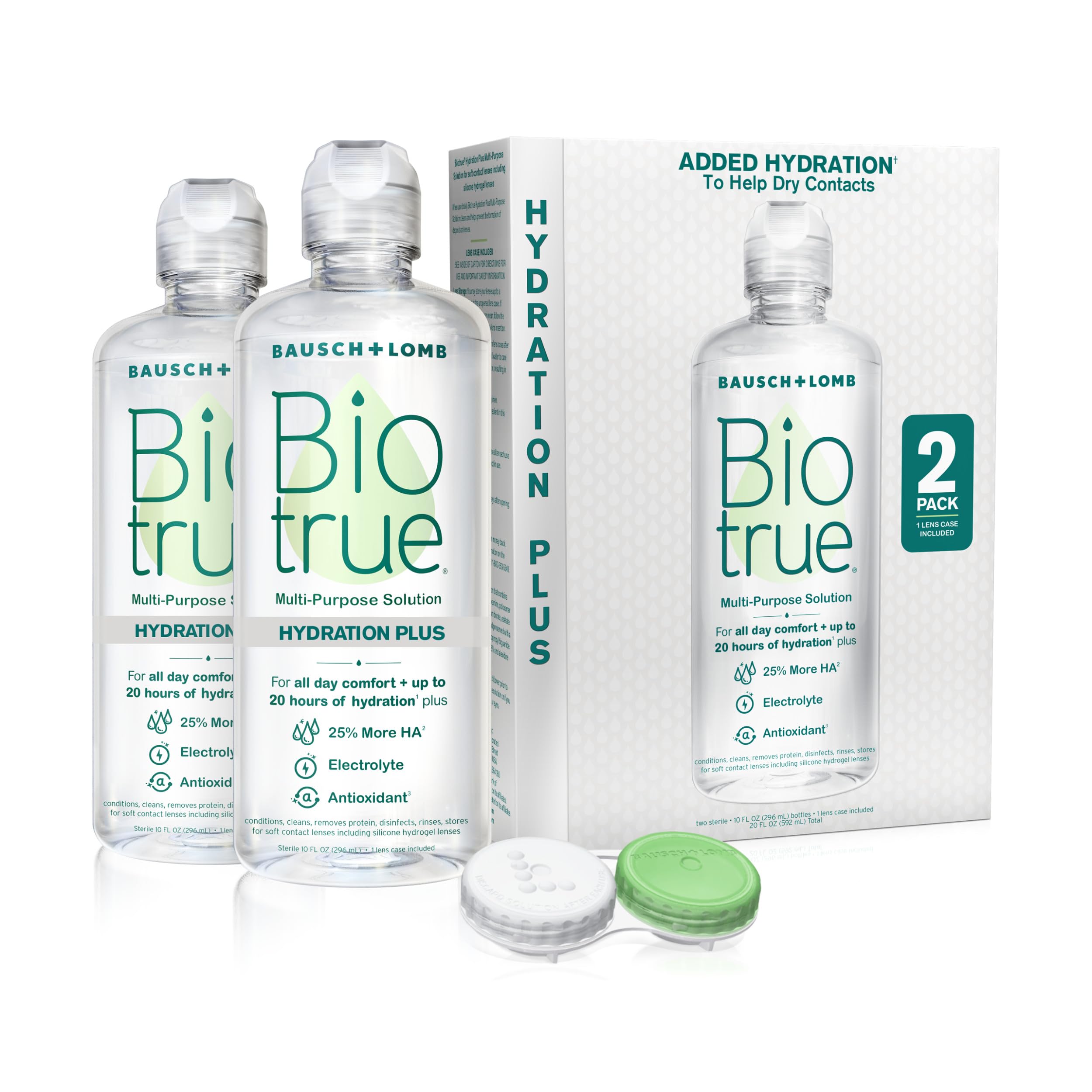 BiotrueHydration Plus Contact Lens Solution with Lens Case, Multi-Purpose Solution for Soft Lenses, Hydrates with Hyaluronan, Cleans, Clears, and Disinfects for All-Day Comfort, 10 Fl Oz (Pack of 2)