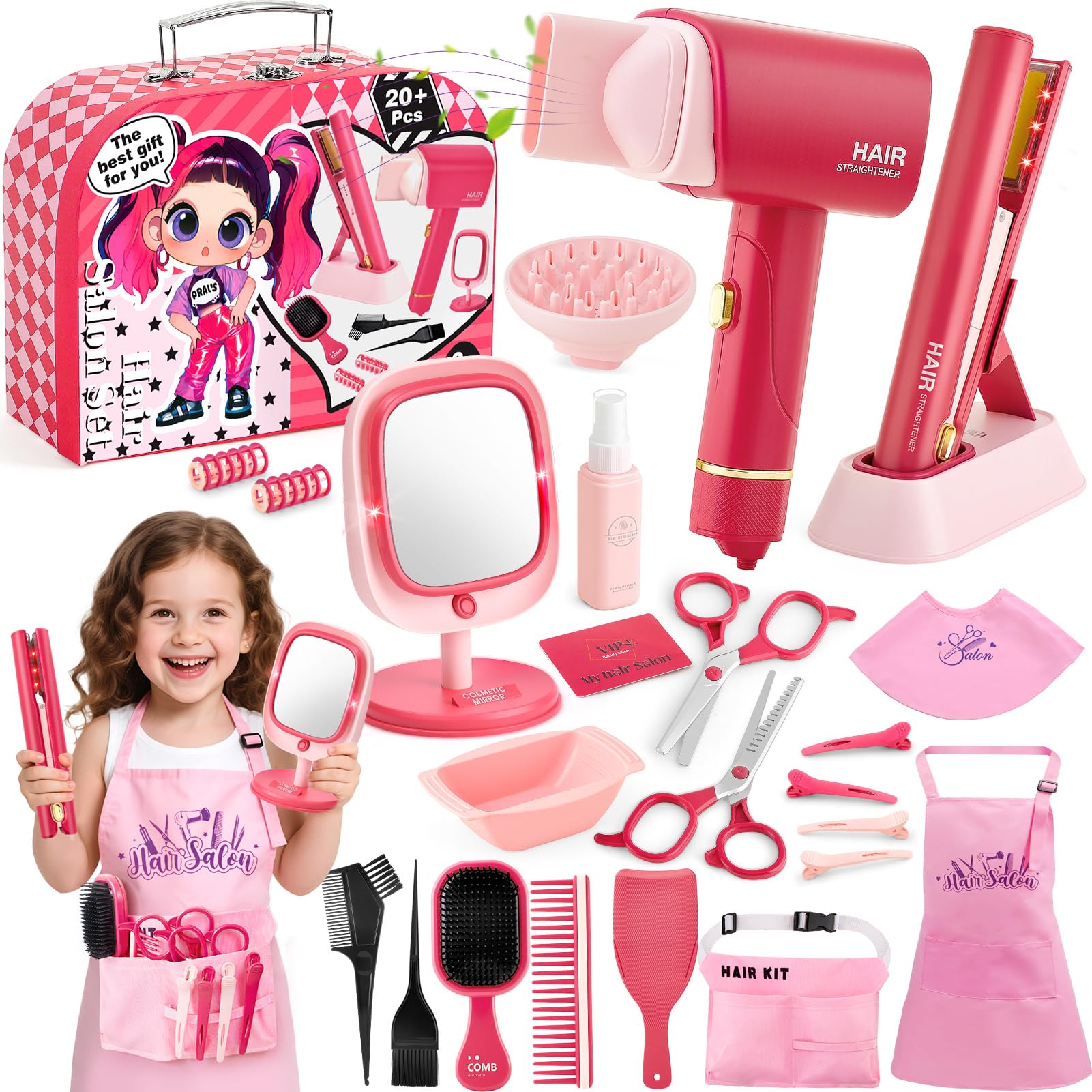 Toylink Hairdressing Set for Girl Pretend Makeup Sets for Girls with Hair Dryer Straightener, Mirror