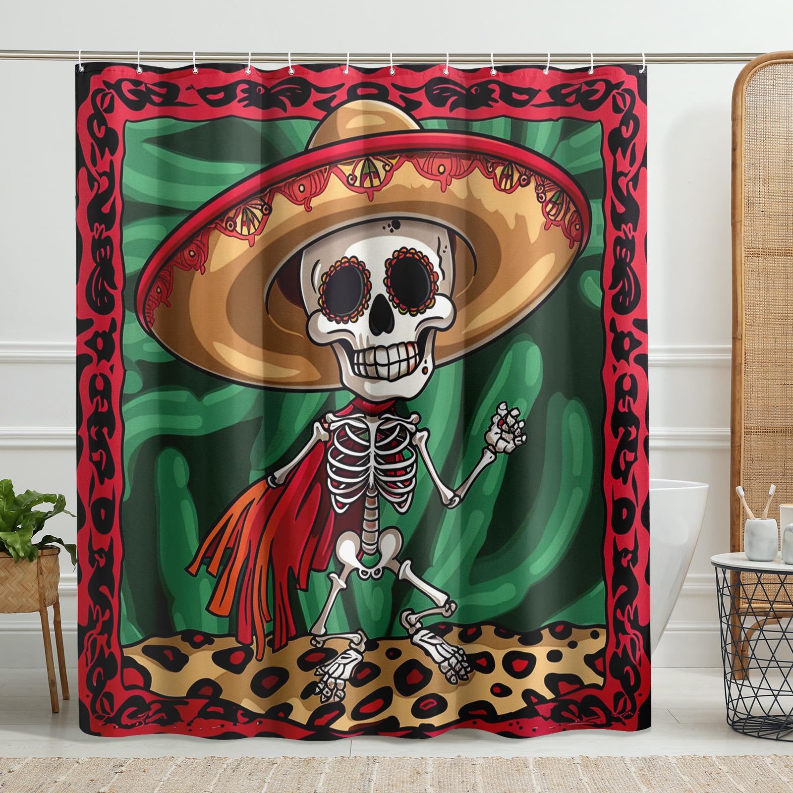 Fiesta Day of The Dead Shower Curtain, Multicolor Skeleton Sombrero Shower Curtain for Bathroom Decor, Fall Holiday Mexican Style Waterproof Fabric Shower Curtain with Hooks 72x72 Inch