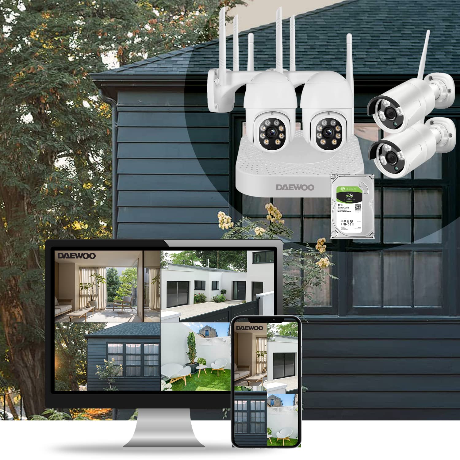 Daewoo Security NVR504 - Kit di videosorveglianza a 8 canali, 4 telecamere esterne fisse e rotanti, accesso a distanza, disco rigido 1TB, rilevamento del movimento e visione notturna, colore: bianco