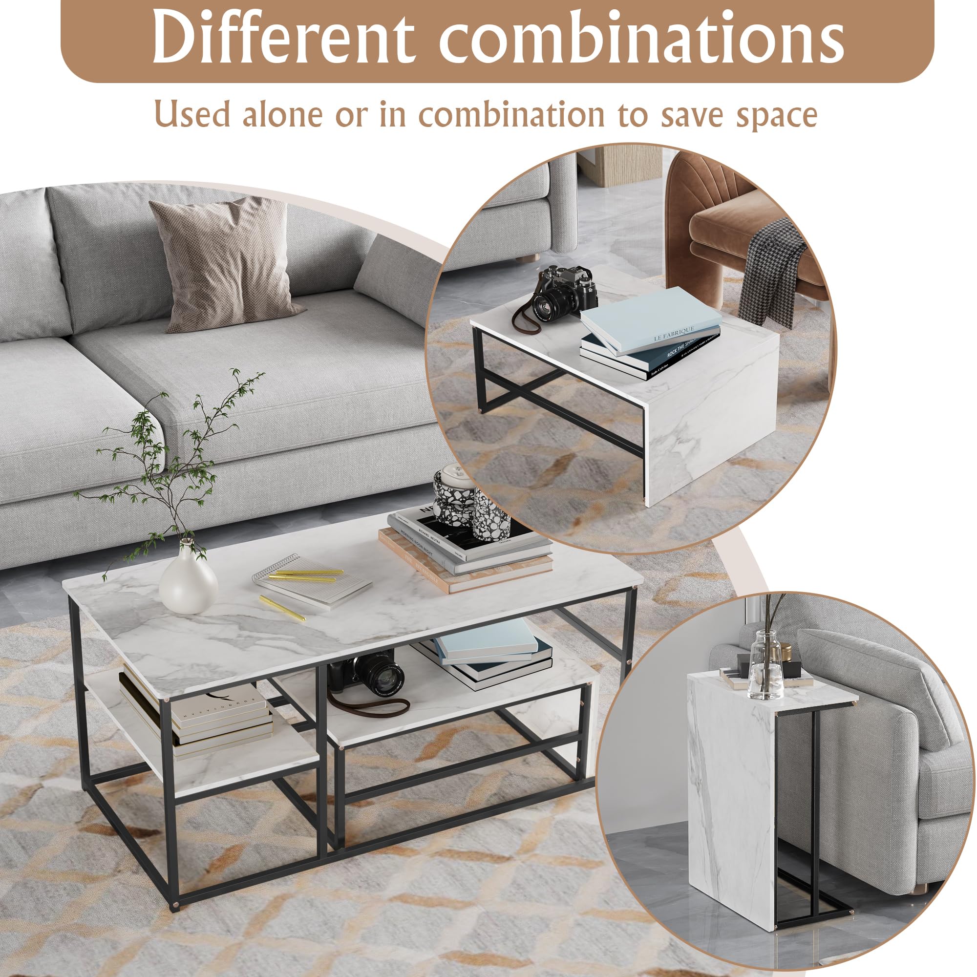Set di 2 tavolini rettangolari, effetto marmo, con telaio in metallo, per soggiorno, soggiorno, soggiorno, balcone, ufficio, nero, 105 x 52 x 48,5 cm