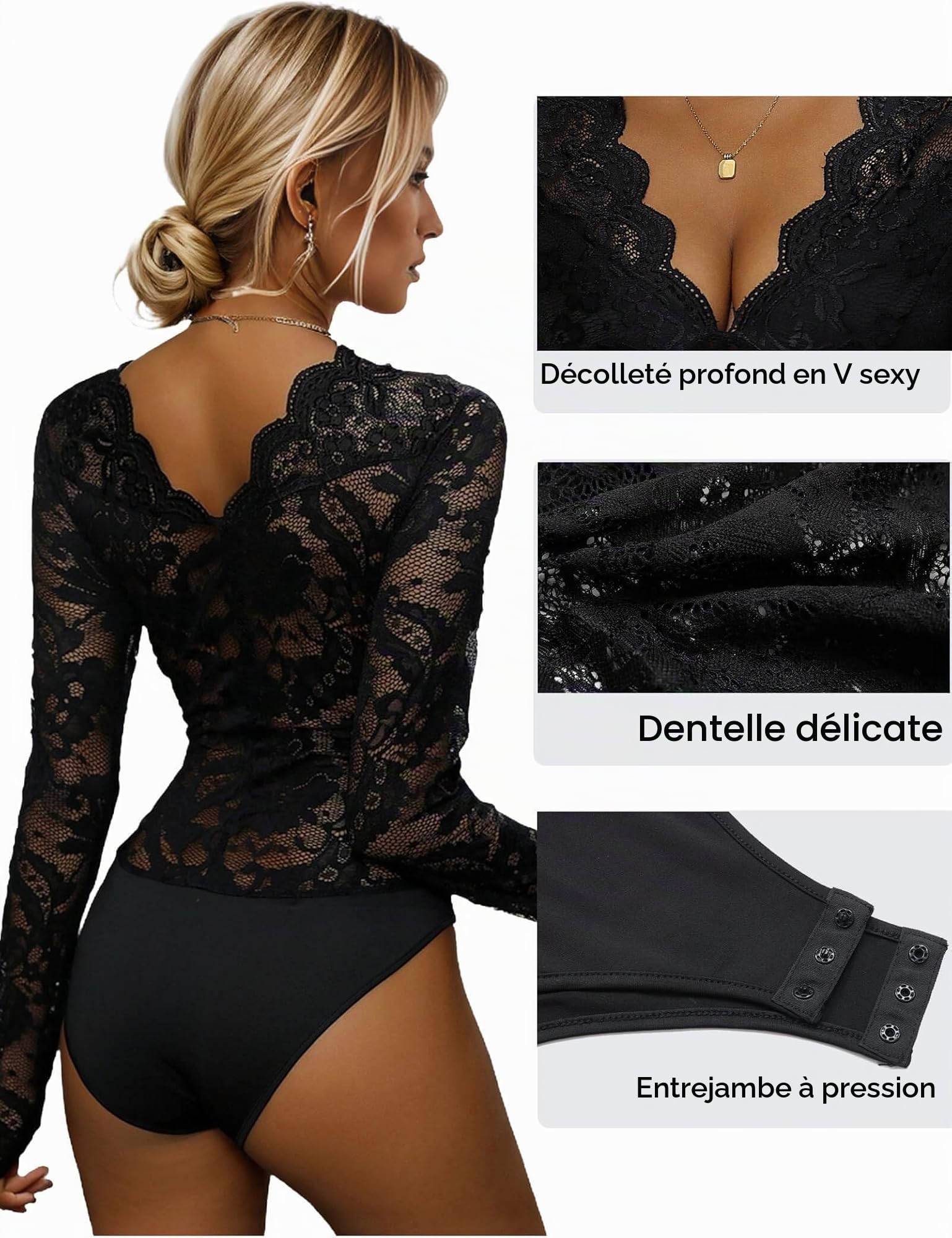 Everbellus Body en dentelle Sexy pour les Femme, Bodysuit Haut de Lingerie à Manches Longues et Décolleté en V Profond pour Soirée en Amoureux Clubwear