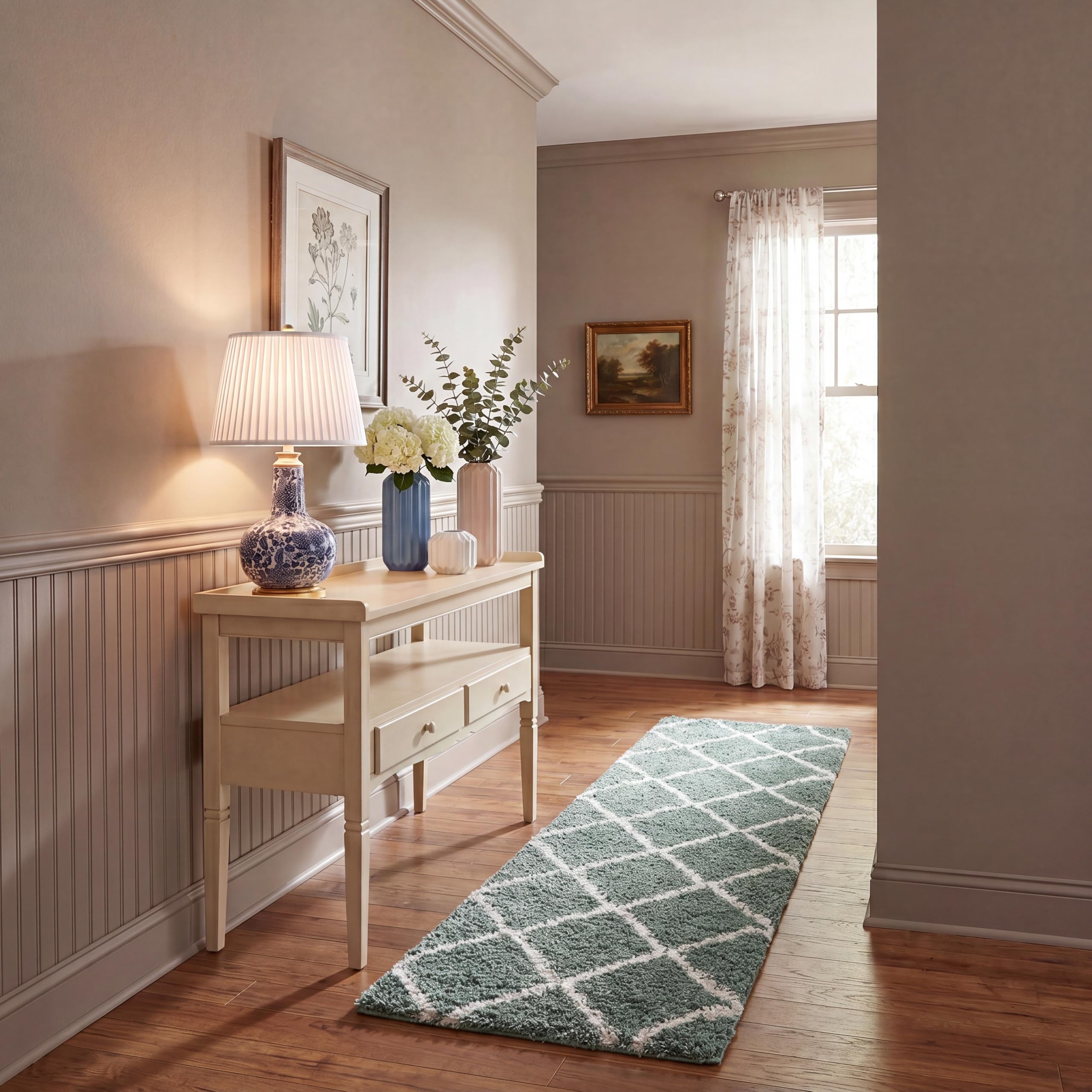 SAFAVIEH Shag Rug for Living Room, Dining Room, Bedroom - Hudson Shag Collection, High Pile, in Ivory and Slate Blue, 69 X 244 cm