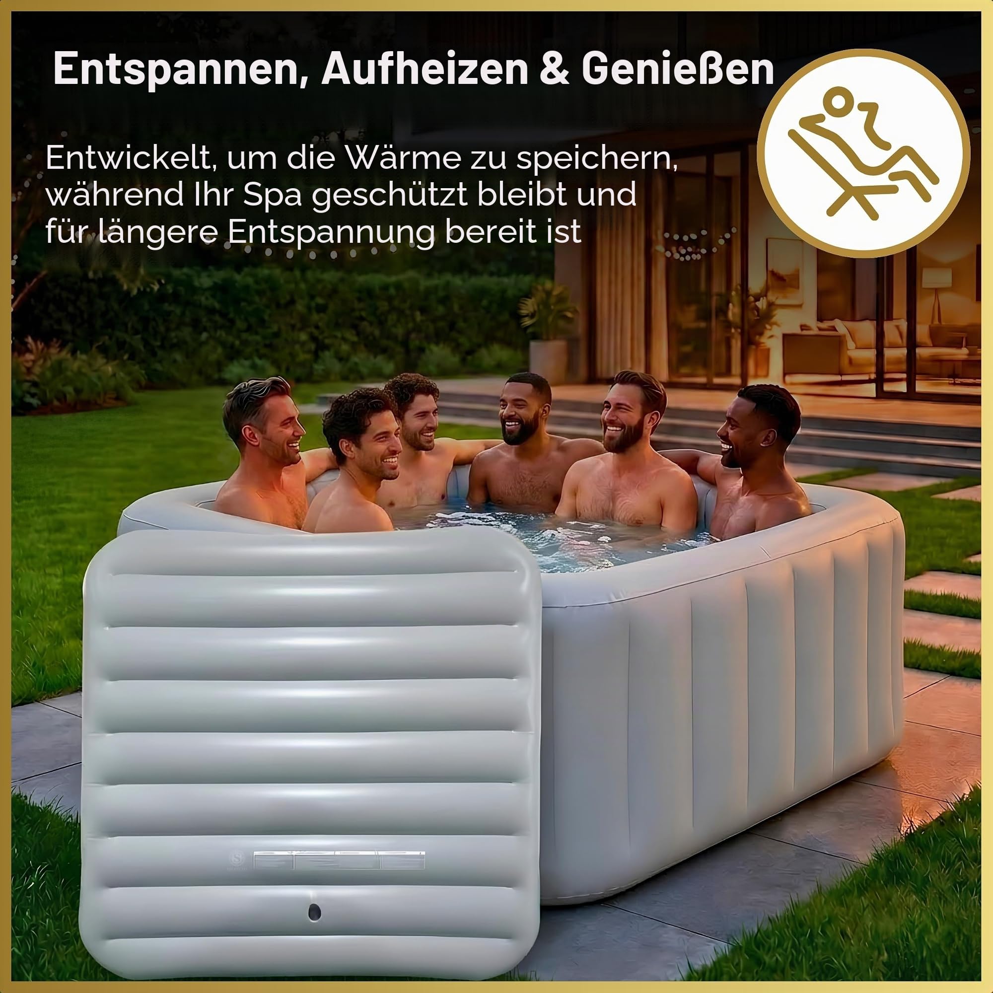 Energiesparende Spa-Abdeckung, aufblasbarer Deckel, schützender Regen-Überlauf, Wärmeisolator, Technologie, quadratische Blase, passend für alle quadratischen Whirlpools von 6 Personen bis 145 cm,