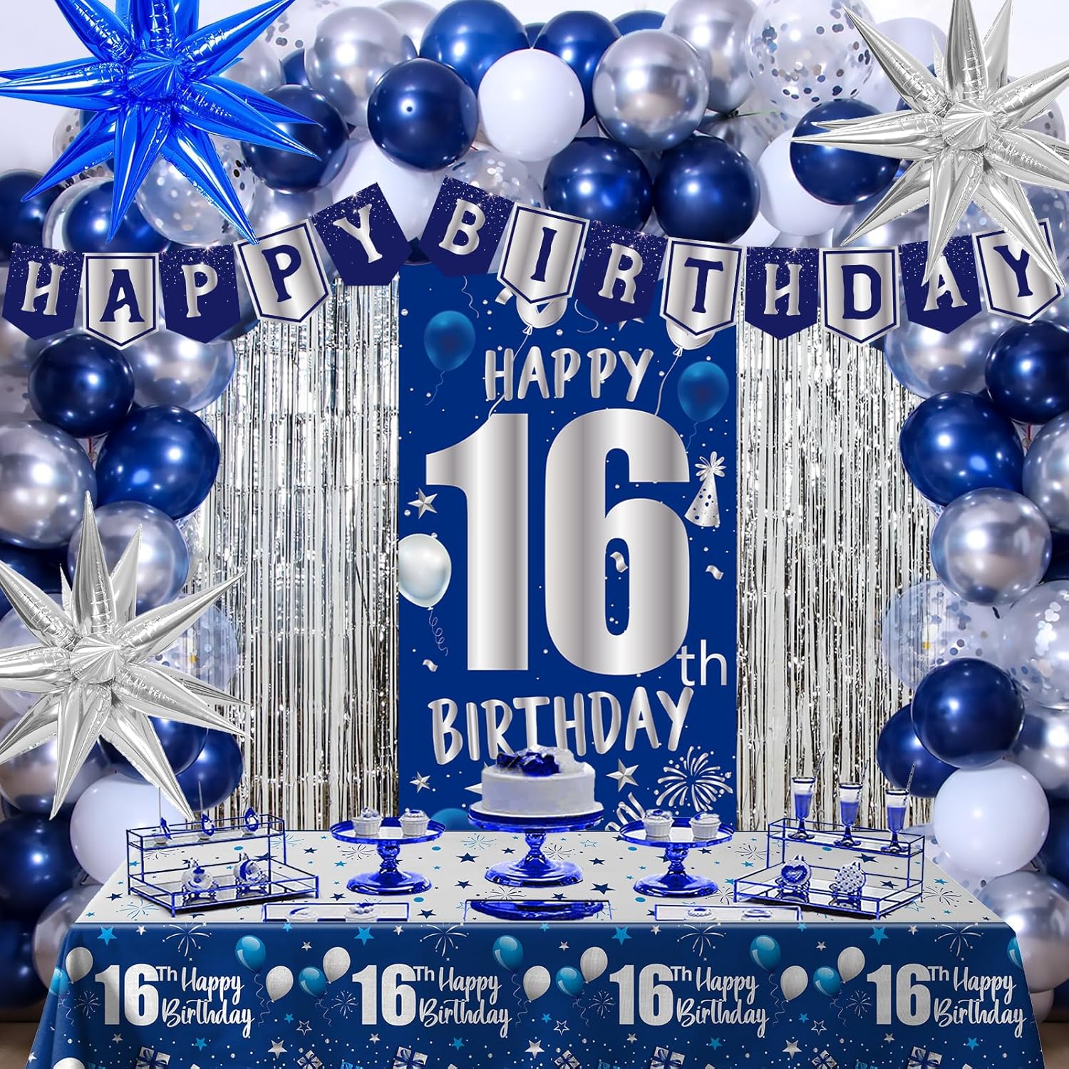 16th Birthday Decorations for Boys Girls, Blue Happy 16th Birthday Decoration Boy, Sweet 16 Party Decorations 16 Year Old BIRTHDAY Tablecloth Door Banner Foil Backdrop Star Balloons