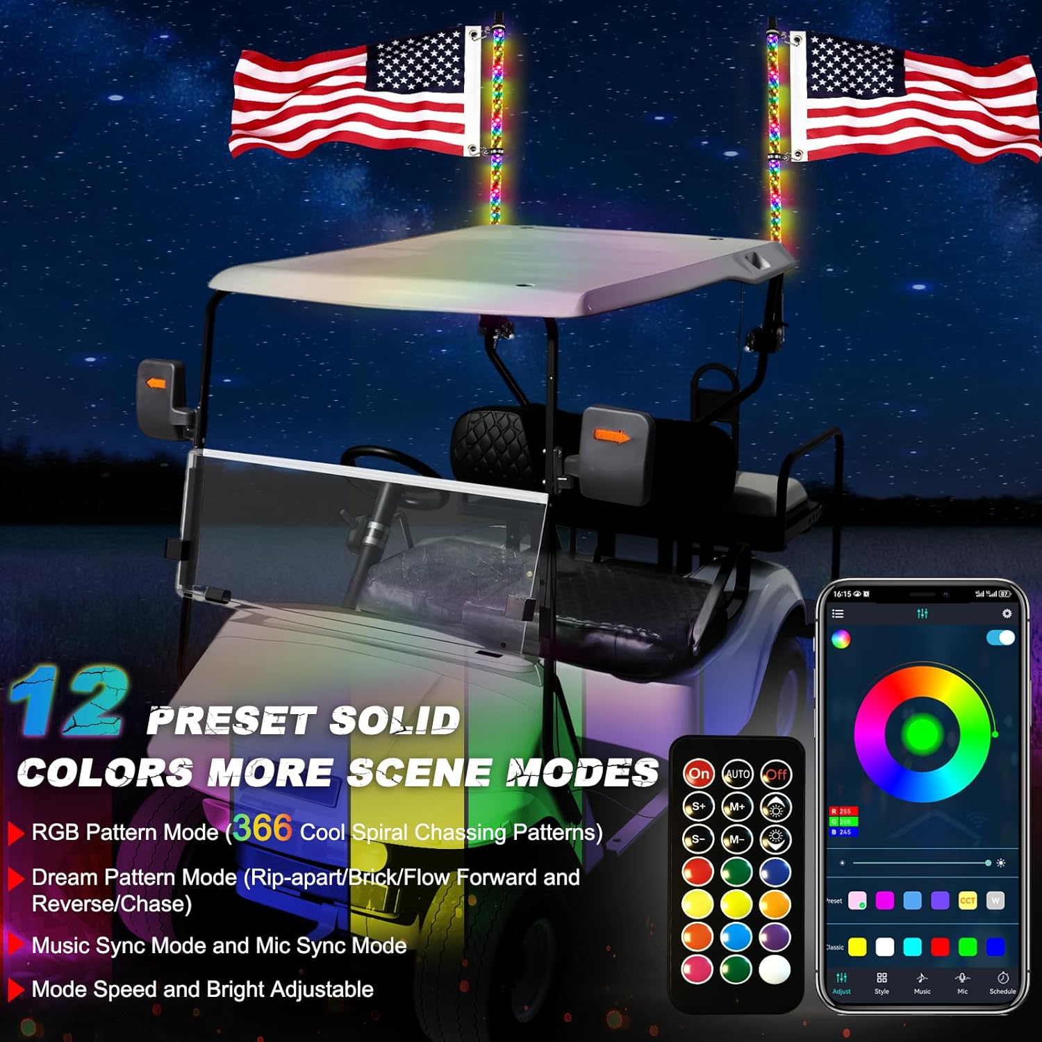2PCS 3FT Whip Lights for All Golf Cart Yamaha Club Car Ezgo with Spring Base, Buletooth APP & Remote Contral with Turn Signal Brake Lights,IP68 Waterproof Spiral RGB LED Chasing Light