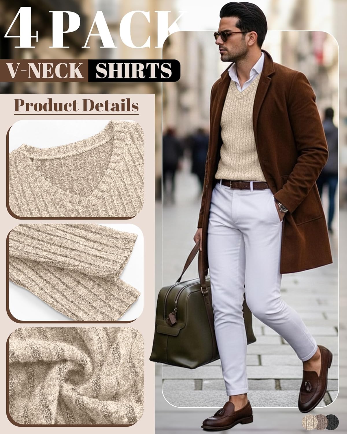 3 Pack Men's Ribbed V Neck Long Sleeve Shirts, Slim Fit Thermal Sweaters Tops Muscle Athletic Casual Gym Basic Tees - Image 5