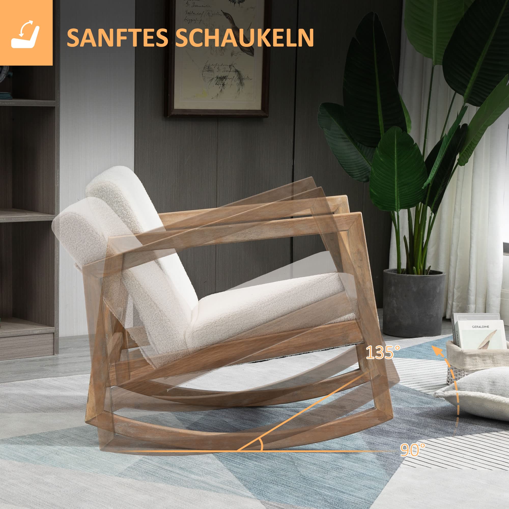 Fotel bujany relaksacyjny z drewnianą ramą – tapicerowany, lounge, drewno kauczukowe, kremowo-biały