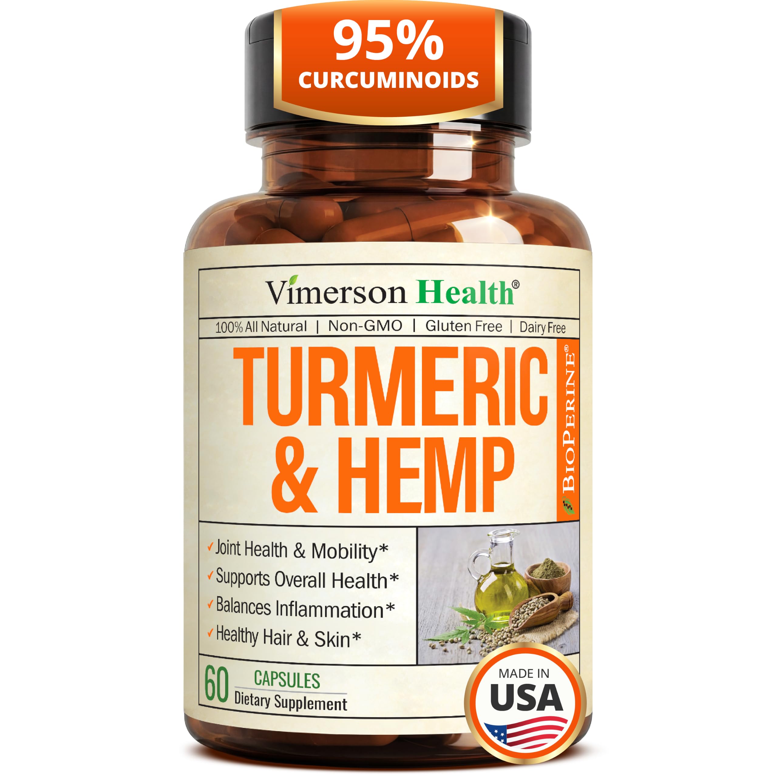 Turmeric Curcumin Supplement with Hemp Seeds & Lemon Balm Extract – 60 Caps 60 Count (Pack of 1)