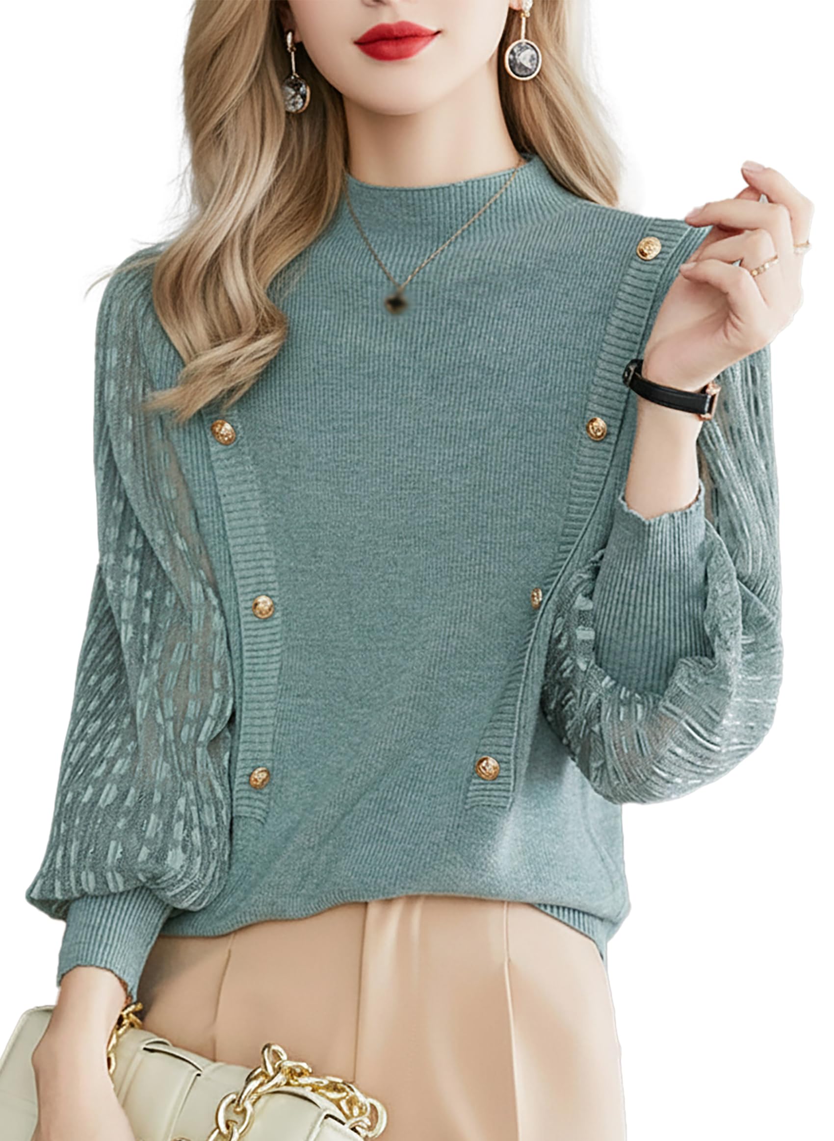 LAI MENG FIVE CATS Womens Turtleneck Knit Sweater Lantern Sleeves Patchwork Lace Pullover Tops