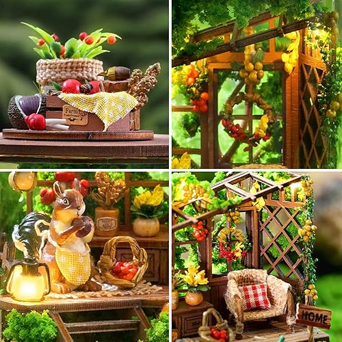 Miniatura 6 de SPILAY Kit de muebles de madera en miniatura, mini casa de muñecas hecha a mano con cubierta antipolvo y LED, escala 124, juguetes creativos de