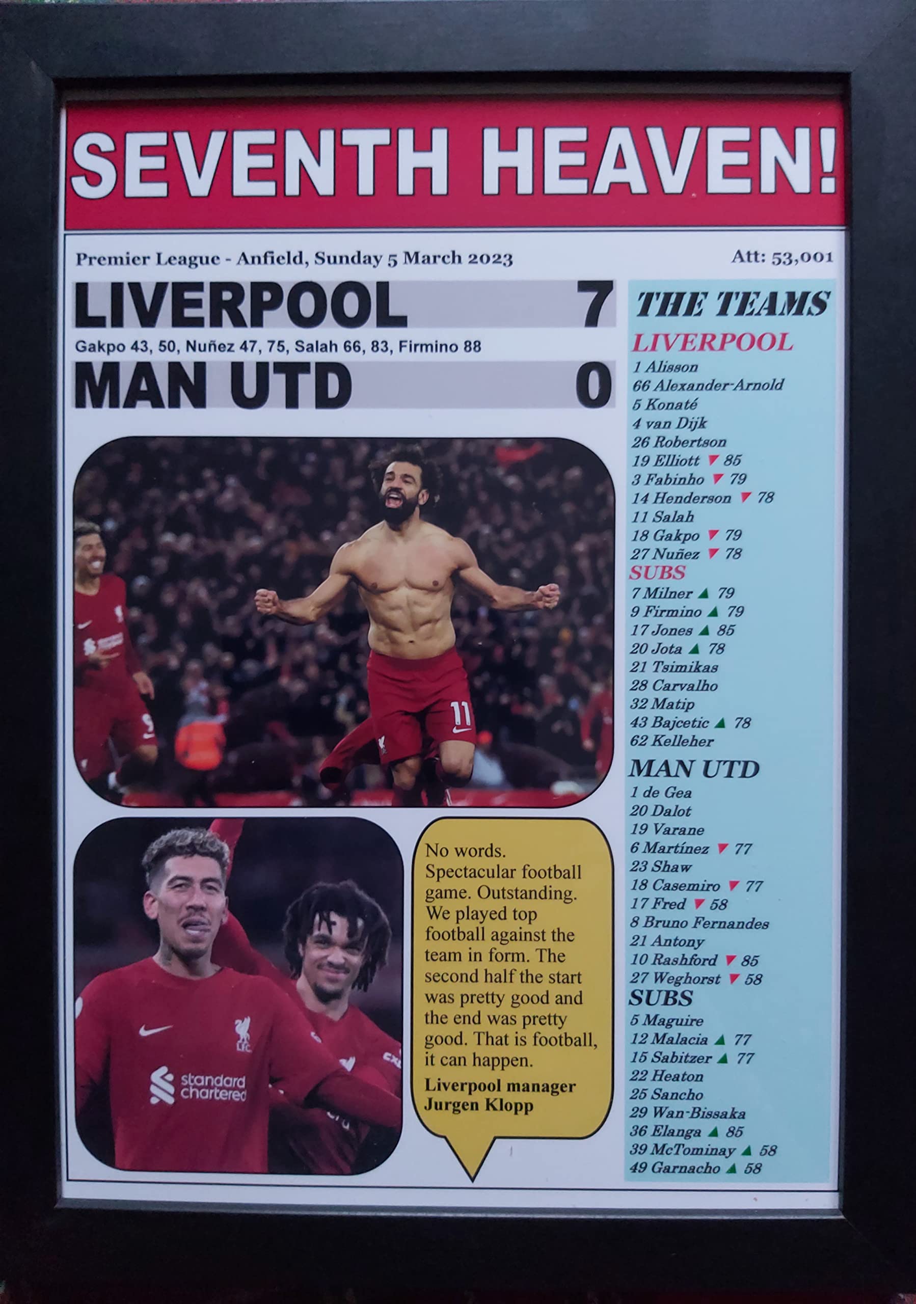 Multicoloured Liverpool 7 Man Utd 0-2023 Premier League - Framed Print