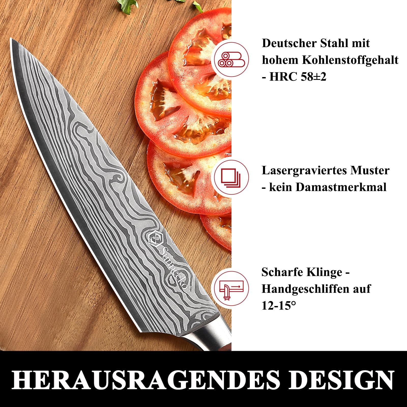 Sunnecko 20cm Messer Küchenmesser Kochmesser - Küchenmesser Profi Messer Scharfes Chefmesser Edelstahl Fleischmesser mit Pakkaholz Griff Allzweckmesser Scharf Klinge