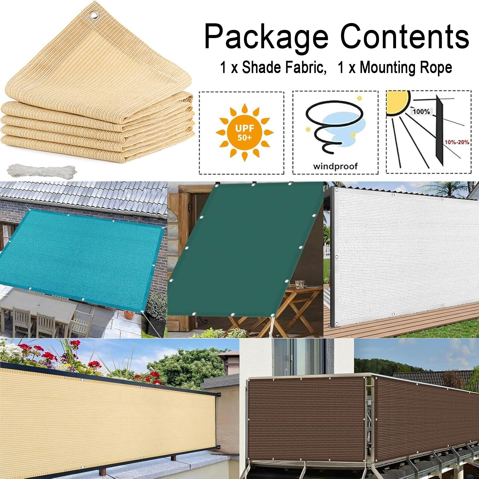 Voile d'ombrage 180 x 280 cm HDPE Respirant (220G ㎡), Filet Dombrage Rectangle avec Protection UV Filet Brise Vue, Voile Ombrage pour Jardin Terrasse Camping, Couleur Crème