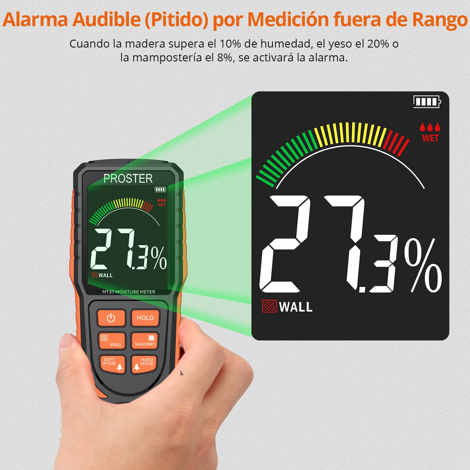 Proster Medidor de Humedad Digital de Pared Recargable Detectores de Humedad Higrómetro Profesional de Pared Sin Aguja con Pantalla LCD y Alarma Audible Para Madera, Paredes, Yeso, Mampostería