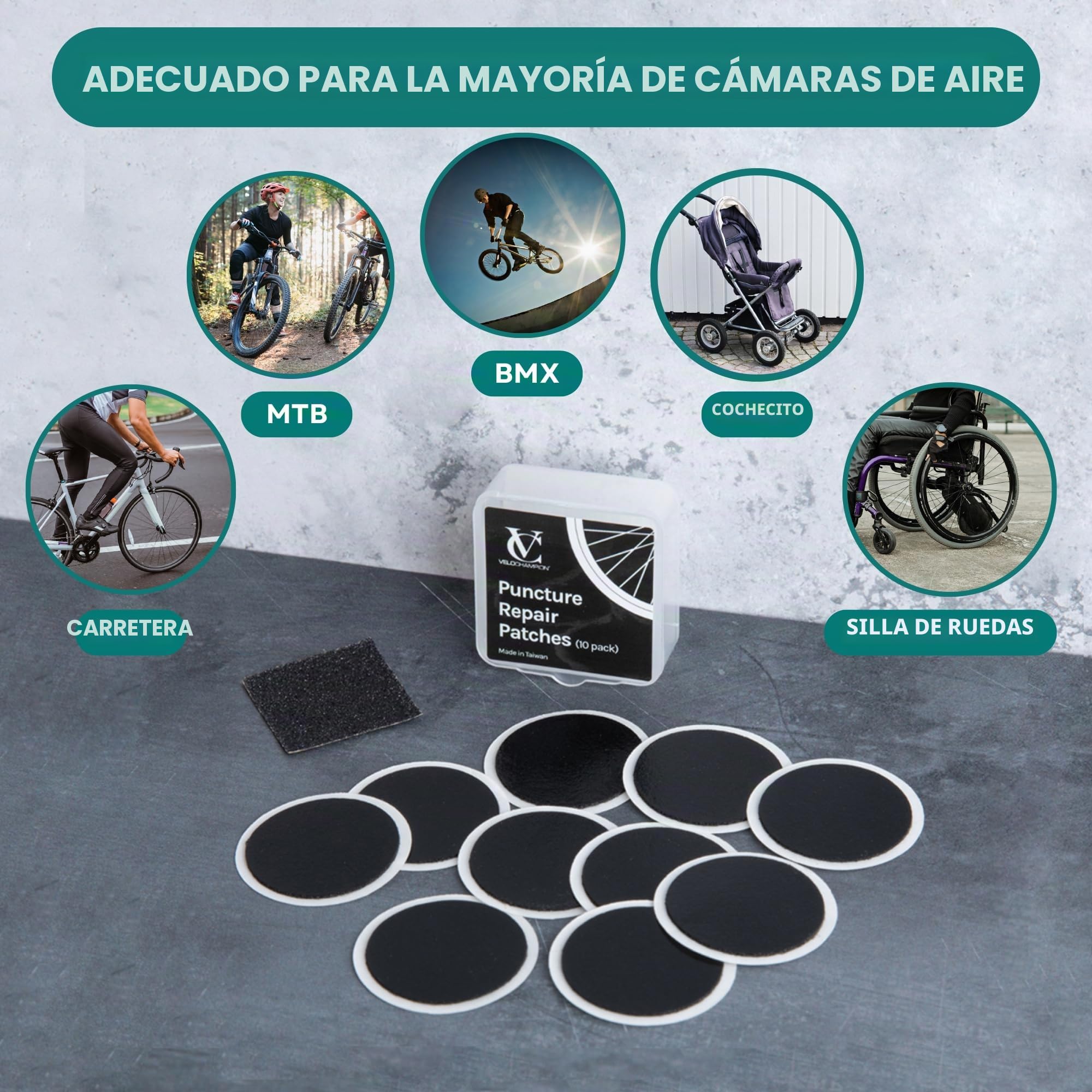 VeloChampion Kit Pinchazos Bicicleta con Parches Autoadhesivos y Desmontadores Opcionales, Kit Repara Pinchazos para MTB, Carretera, Ciudad y Bicicleta Eléctrica
