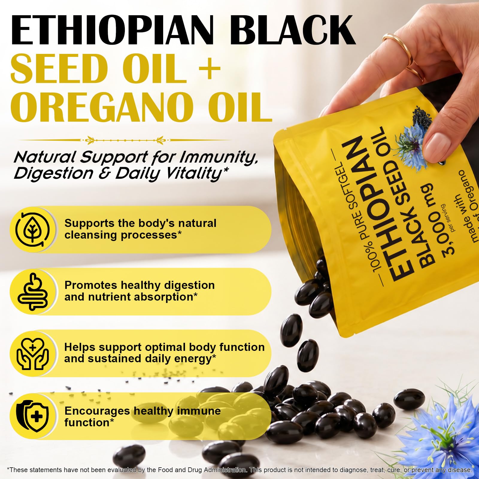 HUYEHF Black Seed Oil Capsules 3000mg, 240 Count High Strength Cold-Pressed Nigella Sativa Seed Oil 2-in-1 Blend with Oregano Oil Extract, Support Natural Antioxidants & Immune Function — Amazon image 4