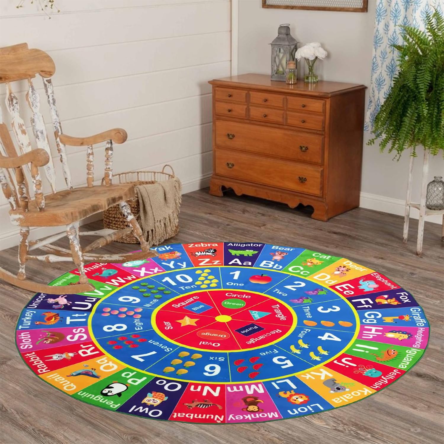 Round Baby Play Mat for Floor, ABC Alphabet, Numbers and Shapes Educational Area Rugs for Kids Toddlers Infant, Non-Slip Circle Nursery Rug Carpet for Children Bedroom Classroom Playroom