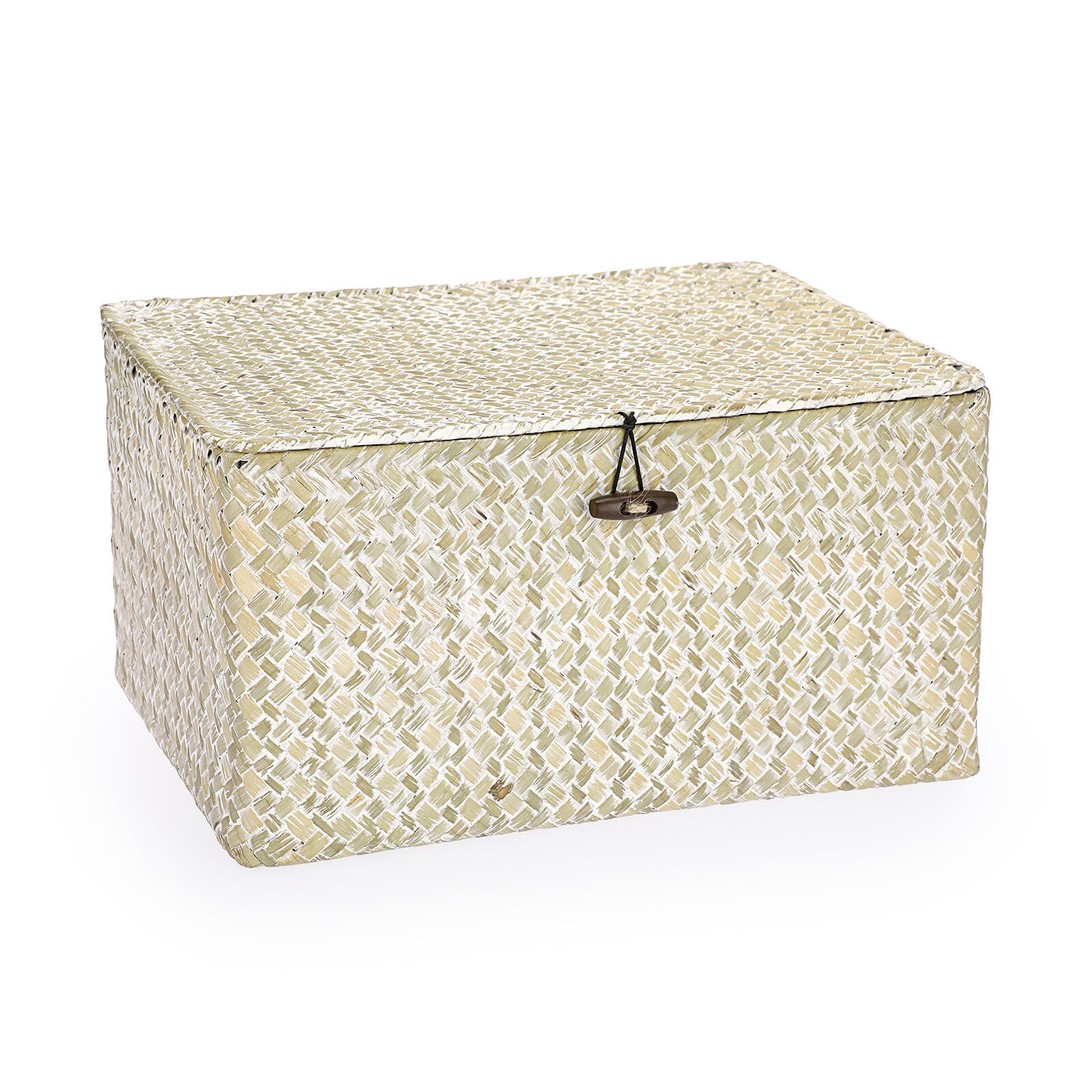 IGNPION Seagrass Storage Basket with Lid Woven Seagrass Desktop Basket Rectangular Bathroom Storage Organiser Box, Shelves & Desks Decorative Multipurpose storage Hamper (Withewash,L)