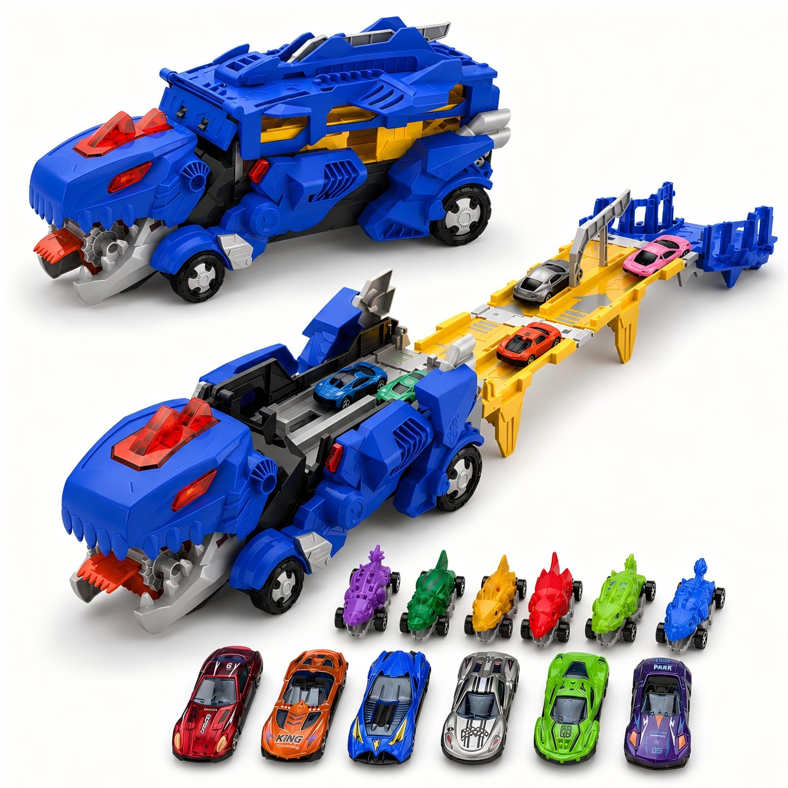 Zolirao Dinosaur Truck Toys for Kids 3-8, 3-in-1 Transforming Dino Transporter Truck with 12 Die-Cast Cars & Dino Vehicles, 114cm Foldable Race Track, Dual Launcher, Car Swallowing & Storage Playset