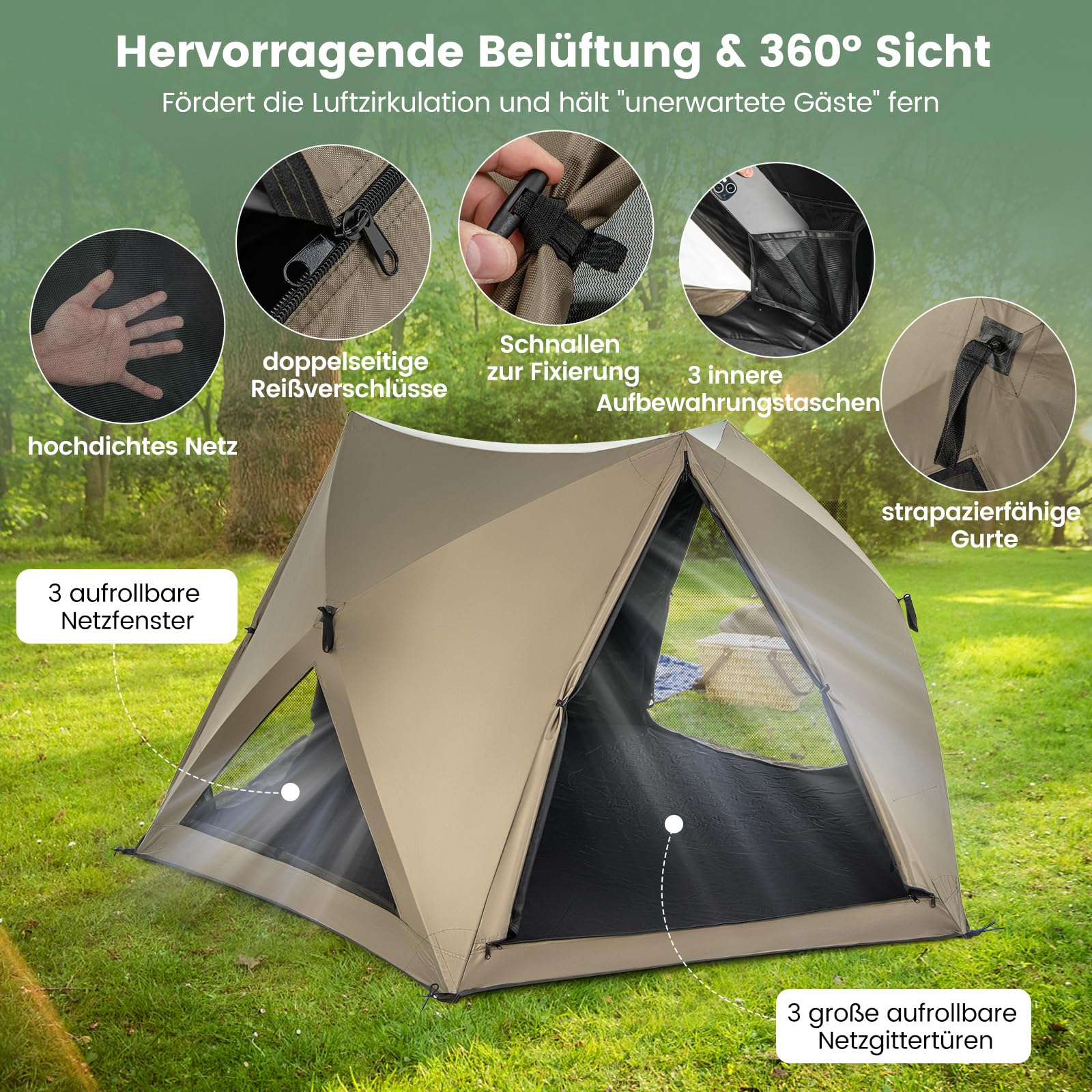 COSTWAY Pop Up Zelt für 4-6 Personen, Campingzelt mit Überdachung, Dachfenster, 3 Türen, 3 Fenstern und Bodenplane, wasserdicht, Familienzelt für Trekking, Camping Sport & Freizeit