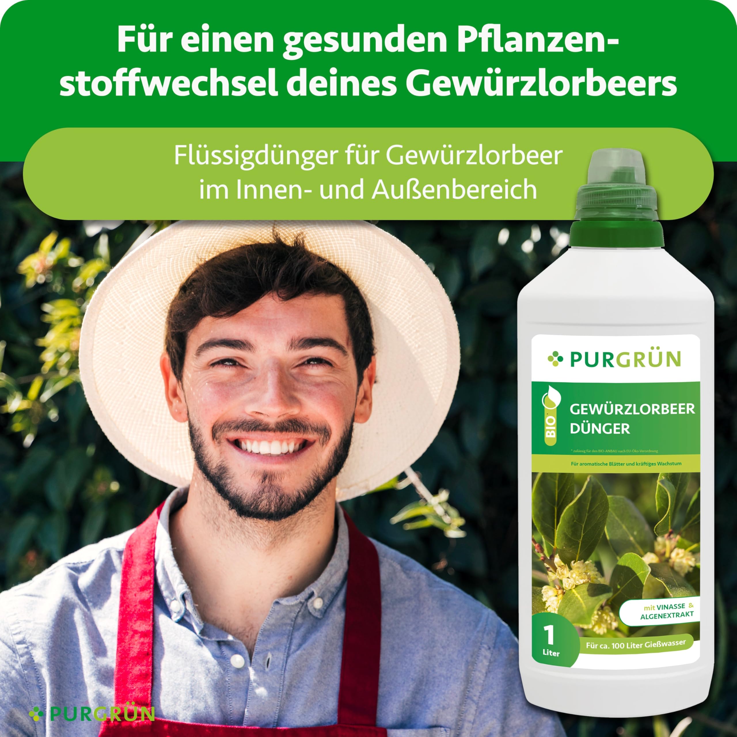 Bio-Gewürzlorbeer-Dünger 1 Liter – Organische Rezeptur – Premium-Flüssigdünger – NPK 4+1+7 – Mit Algenextrakt & Vinasse – Extra Kalium für aromatische Blätter