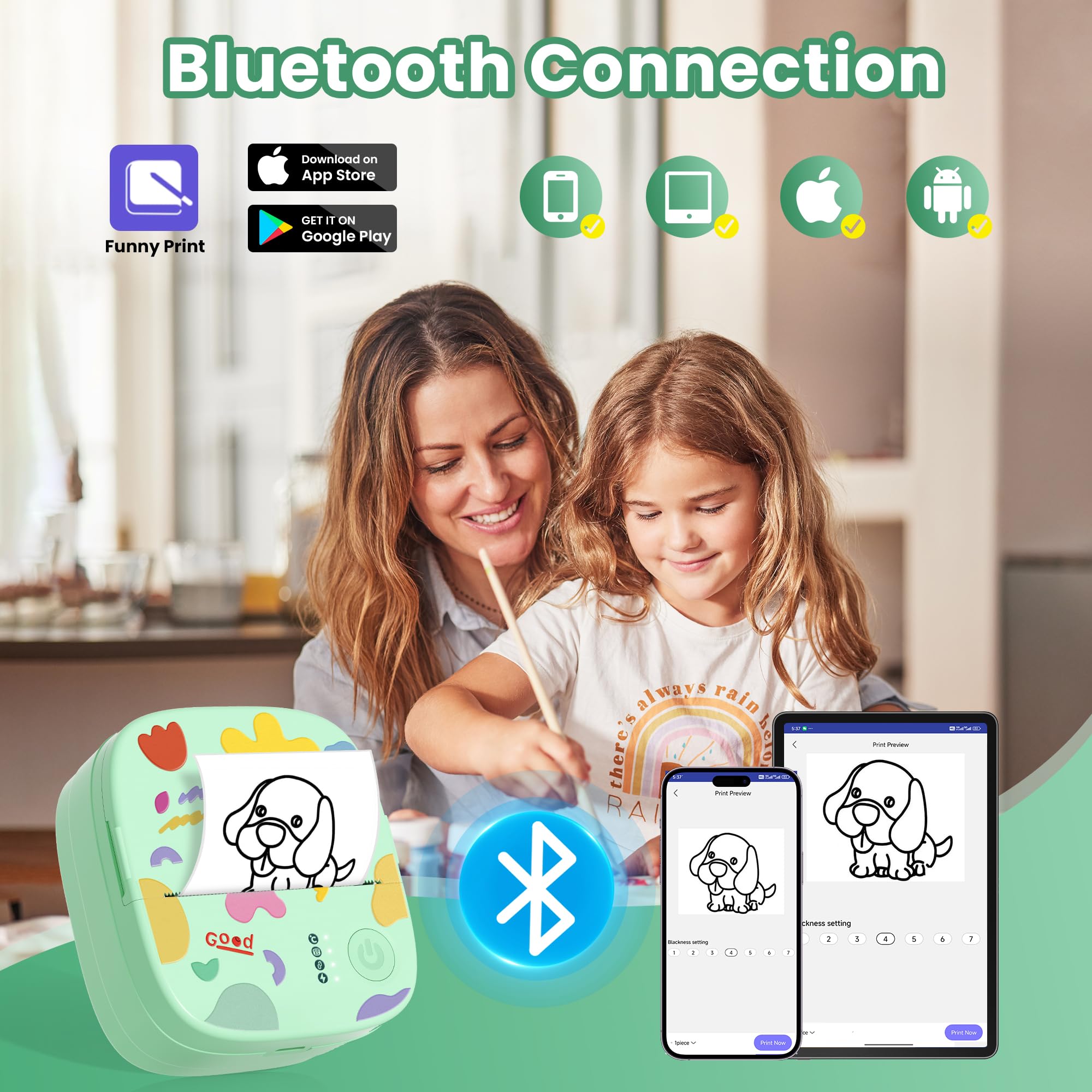 Imprimante Thermique Mini sans Encre Bluetooth Portable 3 Rouleaux Papier Vert pour Stickers Étiquettes DIY Enfants