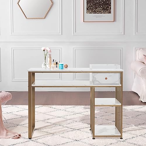 Miniatura 2 de BarberPub Mesa de uñas con almacenamiento de textura marmoleado escritorio de manicura con cajón Home Salon Equipo de belleza 2408 (blanco)